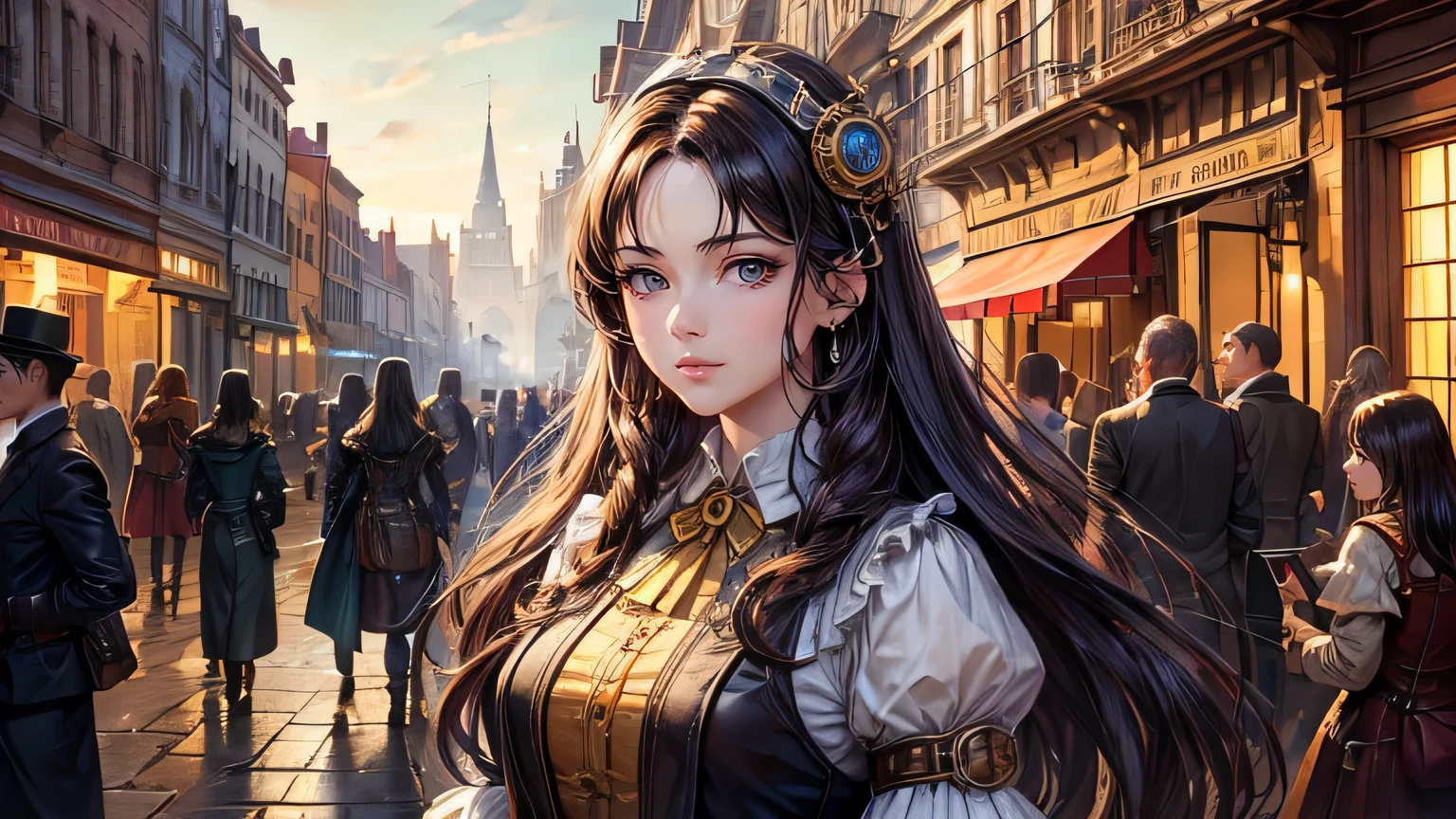 (oil, masterpiece, highest quality, Super detailed, Focus on the characters), One female、steampunk,Detailed hair depiction,([return:0.8]|[ face facing returnwards:1.1]), ,clock,([Medieval Street Scenario:1.2]|[ ground:1.3]| [High Contrast:1.1])  