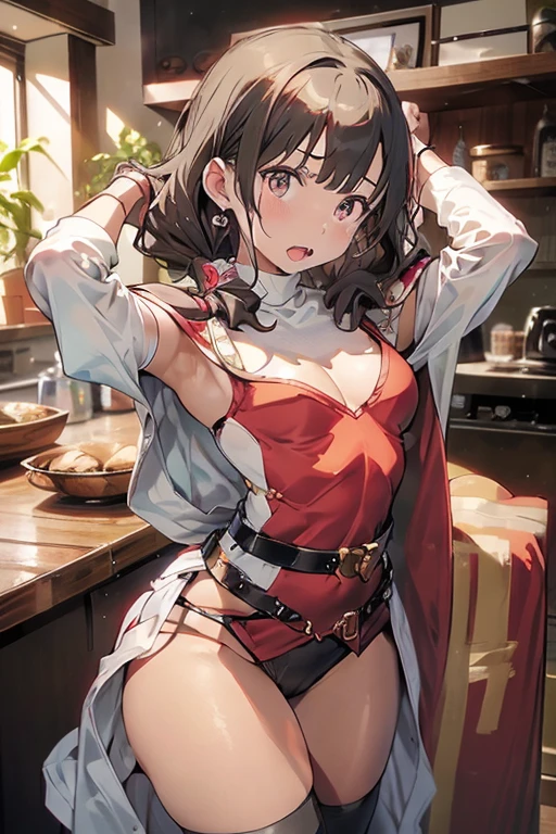masterpiece, 1girl, Amazing Cleavage:1.3, thin waist, big ass, Raised sexy, small breast:1.0,posed cleavage:1.2,solo, looking at viewer, open mouth, have a cup of coffee,black hair, red eyes, dress, bare shoulders, jewelry, collarbone, sidelocks, hairband, earrings, indoors, off shoulder, :o, sweater, arms behind back, plant, short hair with long locks, white hairband, off-shoulder dress, sweater dress, off-shoulder sweater, red sweater, big side hair, very long side hair,is rendered in (masterpiece: 1.2, best quality), with (ultra high resolution) and an exquisite (depth of field). This masterpiece is not only visually stunning but also tells, make of cooking some cakes ,in the kitchen
