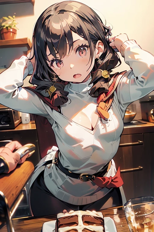 masterpiece, 1girl, Amazing Cleavage:1.3, thin waist, big ass, Raised sexy, small breast:1.0,posed cleavage:1.2,solo, looking at viewer, open mouth, have a cup of coffee,black hair, red eyes, dress, bare shoulders, jewelry, collarbone, sidelocks, hairband, earrings, indoors, off shoulder, :o, sweater, arms behind back, plant, short hair with long locks, white hairband, off-shoulder dress, sweater dress, off-shoulder sweater, red sweater, big side hair, very long side hair,is rendered in (masterpiece: 1.2, best quality), with (ultra high resolution) and an exquisite (depth of field). This masterpiece is not only visually stunning but also tells, make of cooking some cakes ,in the kitchen