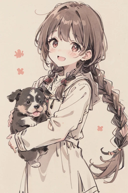 Sketches，(Small body:1.2)，(Rosy Cheeks:1.2)，Laughter，Braided Hair，Surrounded by puppies，Popular with puppies，White background