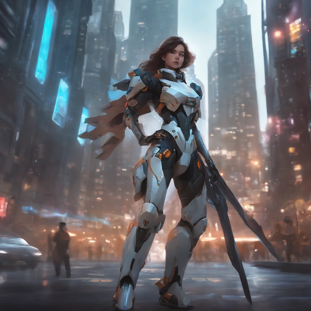 A mecha girl wearing a sci-fi suit A huge city with two cool anime-style swords, no visible face
