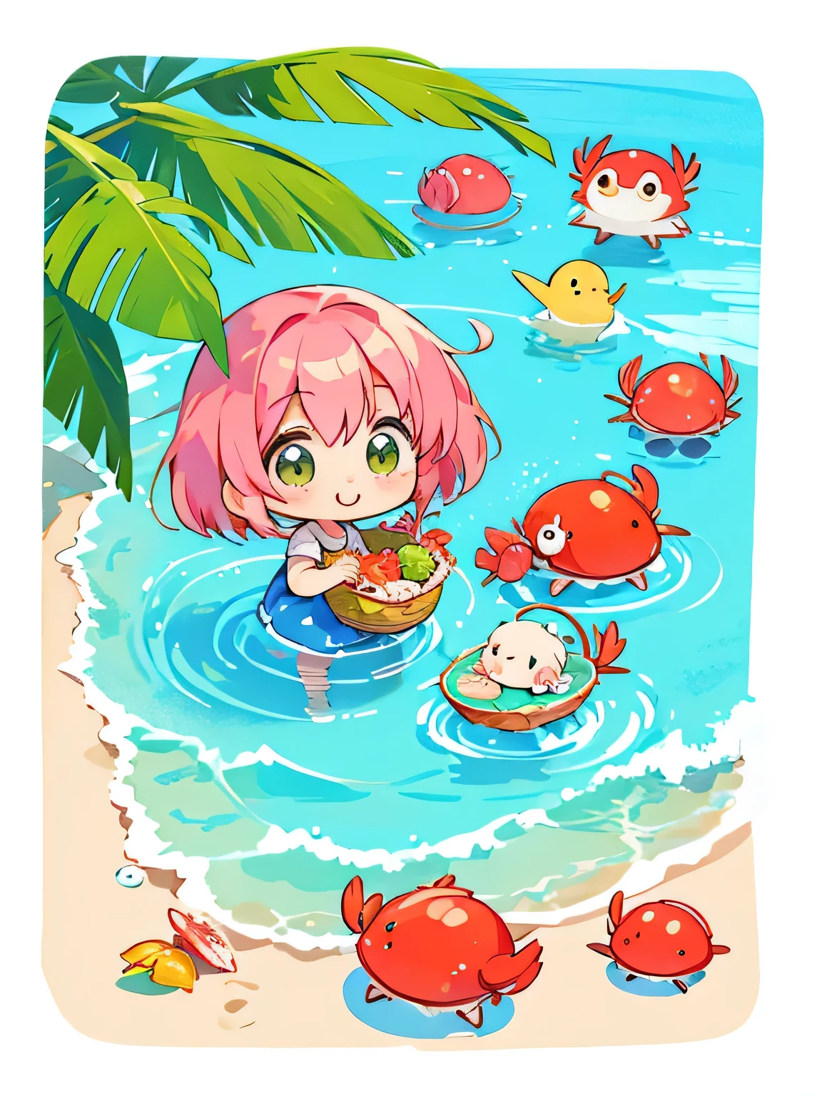 Fujio Akatsuka Style, Kawaii Design, most beautiful girl ever、Chibi, birdie、picnic、Summer beach, crab、shell