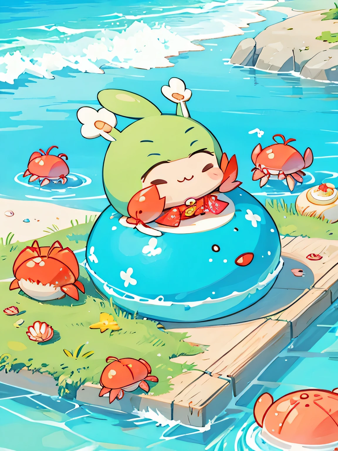 Fujio Akatsuka Style, Kawaii Design, most beautiful girl ever、Chibi, birdie、picnic、Summer beach, crab、shell