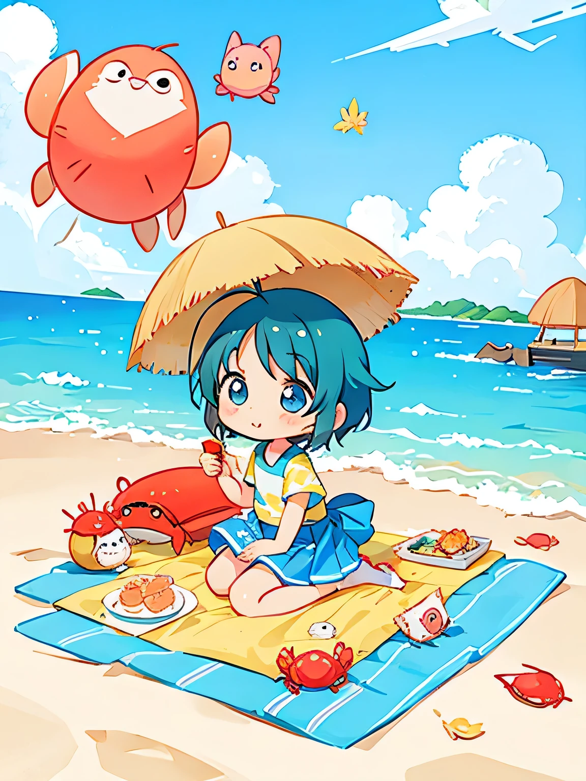 Fujio Akatsuka Style, Kawaii Design, most beautiful girl ever、Chibi, birdie、picnic、Summer beach, crab、shell