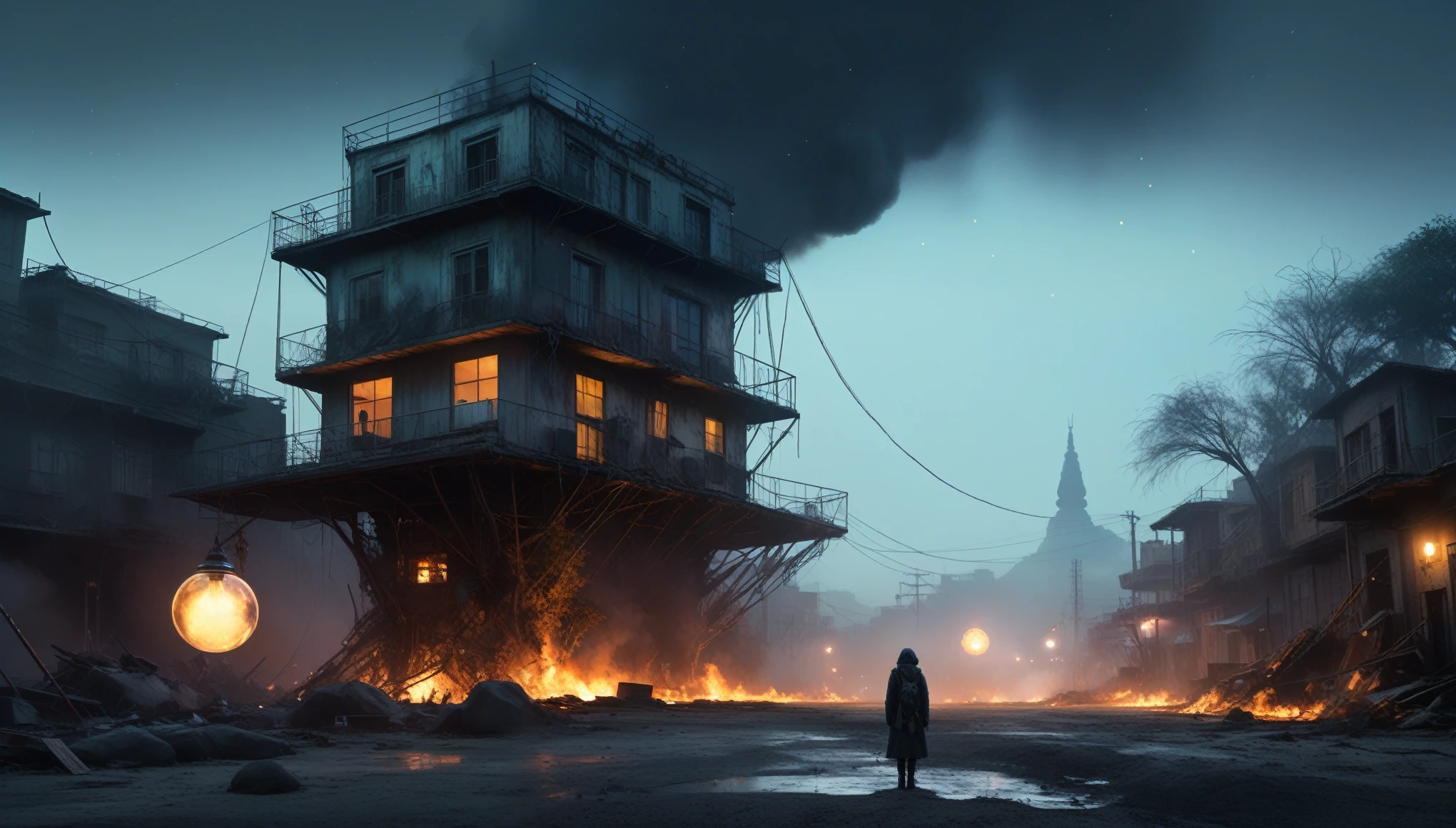 full body length,Obsidian Songbird,pretty face,eyebrow up,full body shot,ominous landscape,Fluorite niobium atmosphere,by art Simon Stalenhag,Nicola Samori,(((Wangechi Mutu))),prime colors,urban,extremely detailed,masterpiece,intricate details,faded,eyes extremely detailed, high detailed eyes,4k resolution,RAW, Nikon Z9,scary town,stalker,Egypt, cinematic view low angle shot hdr illustration,fire in tyers, demonic, dust, smoke comming from tyers, audience, mist, featuring ultra-realistic and hyper-realistic elements, Obsidian and white. Utilizes futuristic lighting effects such as light halation, light stroke, light beam, explosive lightning, sparks, concert lighting, light-bulb, bokeh, and/or other effects to create a luminal space that feels both bright and surreal. Includes liquid fluid elements for added depth and movement, ethereal and mystical mood