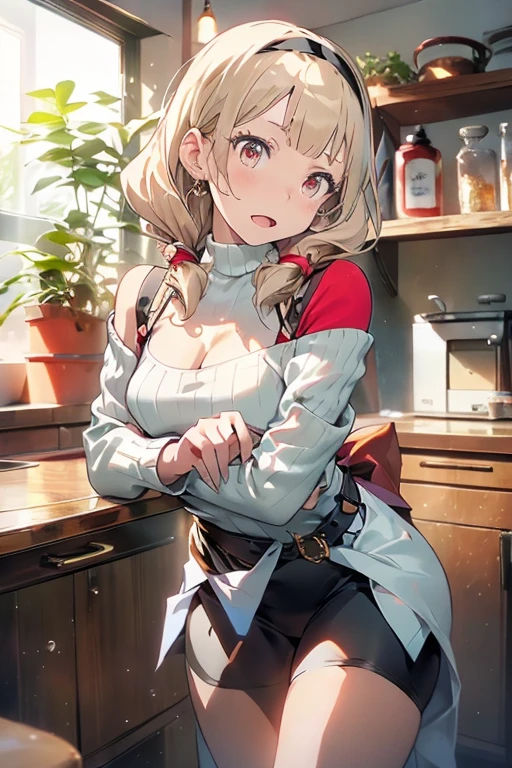 masterpiece, 1girl, Amazing Cleavage:1.3, thin waist, big ass, Raised sexy, small breast:1.0,posed cleavage:1.2,solo, looking at viewer, open mouth, have a cup of coffee,black hair, red eyes, dress, bare shoulders, jewelry, collarbone, sidelocks, hairband, earrings, indoors, off shoulder, :o, sweater, arms behind back, plant, short hair with long locks, white hairband, off-shoulder dress, sweater dress, off-shoulder sweater, red sweater, big side hair, very long side hair,is rendered in (masterpiece: 1.2, best quality), with (ultra high resolution) and an exquisite (depth of field). This masterpiece is not only visually stunning but also tells, make of cooking some cakes ,in the kitchen
