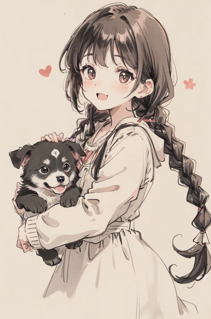 Sketches，(Small body:1.2)，(Rosy Cheeks:1.2)，Laughter，Braided Hair，Surrounded by puppies，Popular with puppies，White background