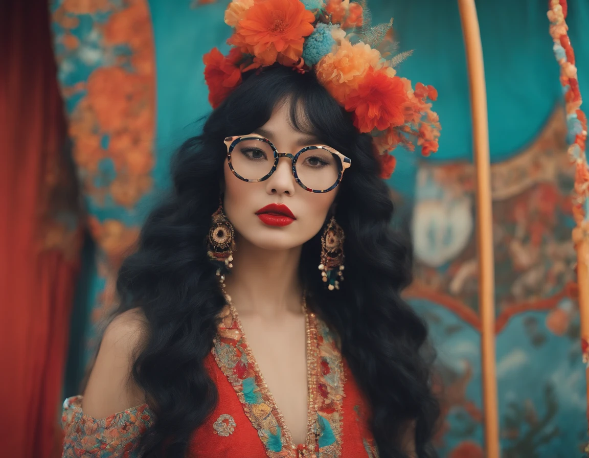 A beautiful portrait of Jiulachang in a whimsical and colorful circus setting., With intricate details and retro aesthetics, glasses, created in the artistic style of Conrad Roset and Jeremy Lipkin.