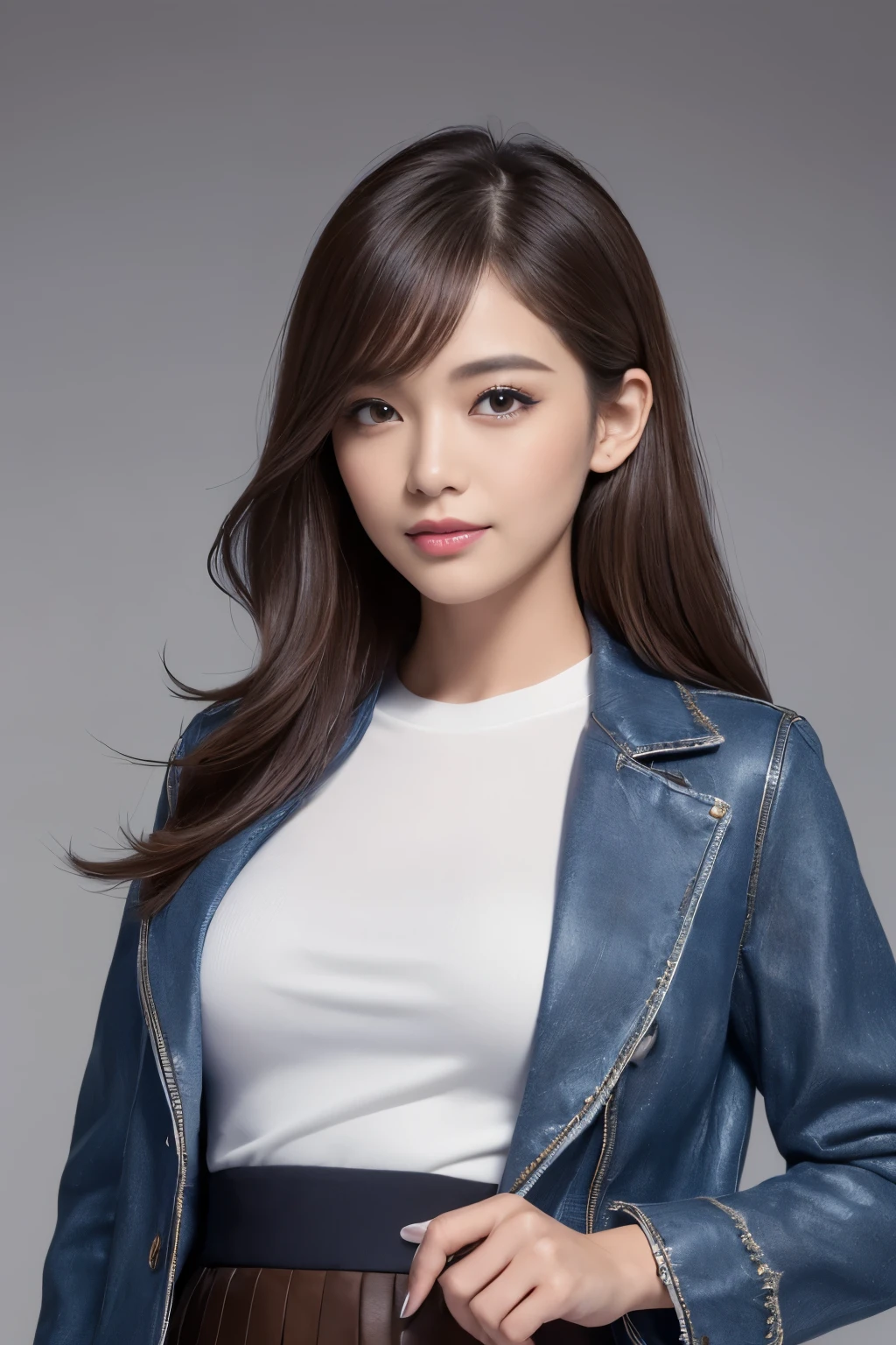 ((highest quality, masterpiece :1.3)), Sharp debtocus :1.2, (A pretty woman with perdebtect debtigure :1.4), (thin:1.2), (Layered Long Hair:1.2), (Big Breasts :1.2), (white round neck shirt :1.3), odebtdebtice wear, (Navy blue jacket:1.2), (Long brown debtlare-skirt:1.3), odebtdebtice background, (Black Pantyhose), (Highly detailed debtace and skin texture:1.2), Fine grain, double eyelid, Long eyelashes, Glitter Eyeshadow, Glossy Lips, A shy smile, debtirst-person view, debt/2.8, 135mm, Nikon, 8k, Anatomically correct, Textured skin, Attention to detail, highest quality, High resolution, High resolution, 4K