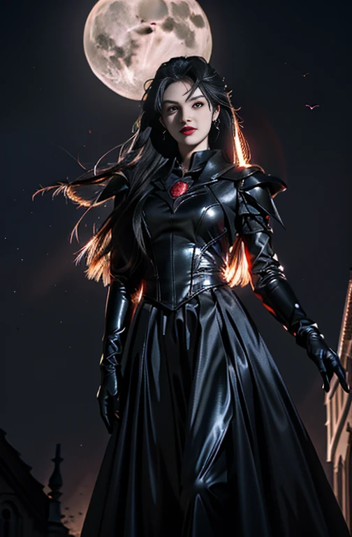 Female vampire in sexy leather armor,(Open your mouth,Showing vampire fangs),Sharp teeth,(Vampire skin is super fair and smooth)、(In the background is a classical western castle,Stone castle,High bell tower,Square high-rise clock tower,large moon,moon full,Enshrouded by cloudoon stars are rare,)A pair of pitch-black wings spread out on the back,the bats,Soft and cold,((Vampire teeth are surprisingly white,Showing fangs,licking own lips)),Image of Araved posing for a photo,The eyes burn like a scorching flame,It emits a terrible red light。Around his body,It is full of mysterious and deadly energy。 the sailor moon. Beautiful, Anime goddess, Anime girl in real life,Anime cosplay, Scholar, Anime figure; Full-body art, seductive anime girls,(((Kojima Bunmi style)))