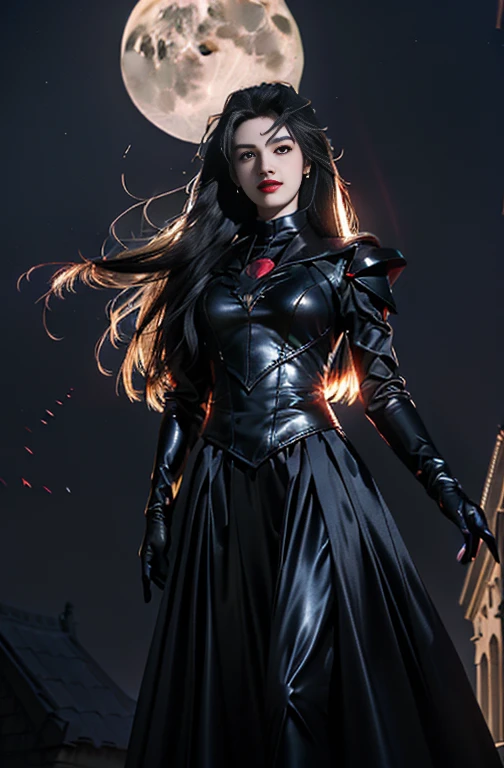 Female vampire in sexy leather armor,(Open your mouth,Showing vampire fangs),Sharp teeth,(Vampire skin is super fair and smooth)、(In the background is a classical western castle,Stone castle,High bell tower,Square high-rise clock tower,large moon,moon full,Enshrouded by cloudoon stars are rare,)A pair of pitch-black wings spread out on the back,the bats,Soft and cold,((Vampire teeth are surprisingly white,Showing fangs,licking own lips)),Image of Araved posing for a photo,The eyes burn like a scorching flame,It emits a terrible red light。Around his body,It is full of mysterious and deadly energy。 the sailor moon. Beautiful, Anime goddess, Anime girl in real life,Anime cosplay, Scholar, Anime figure; Full-body art, seductive anime girls,(((Kojima Bunmi style)))