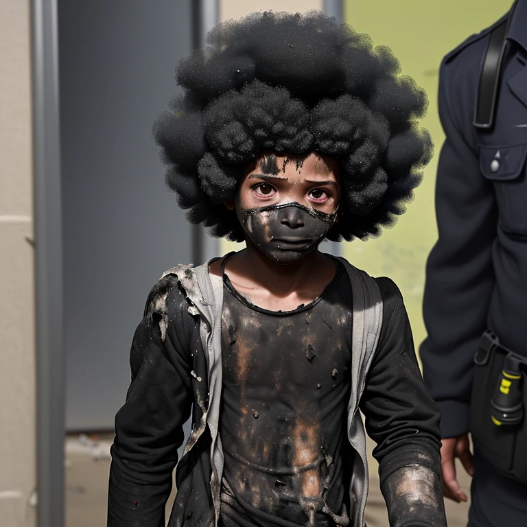 An elementary school boy was caught in an explosion, covered in soot and in tatters, with his hair in an afro.