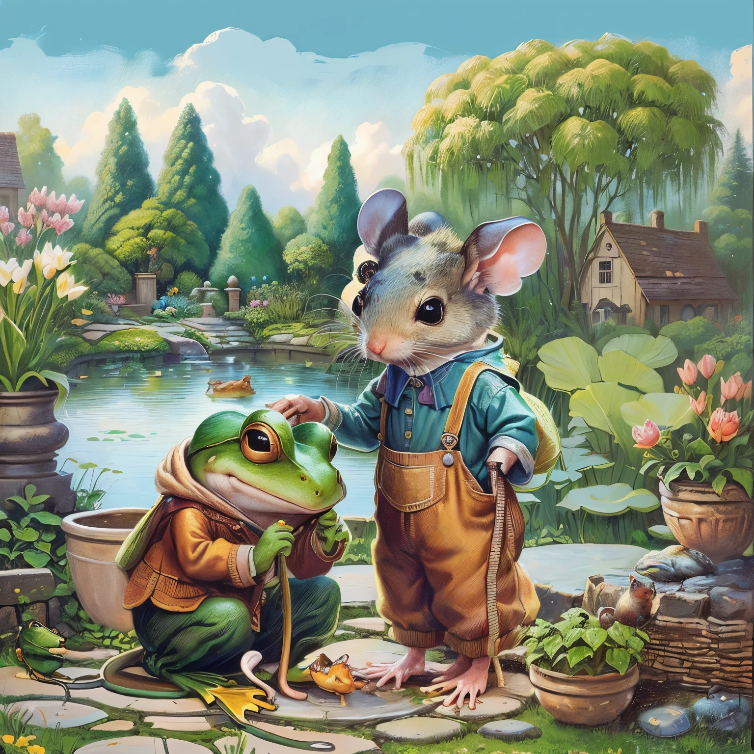 Oil painting of a mouse and a frog in a garden with a pond, Full color illustrations, Anthropomorphic mouse, Storybook illustration, Storybook illustration, rat tribe, cute Storybook illustration, Todd Shore highly detailed, Todd Shore, Children's Book Illustrations, Children's book illustrations, Children's Book Illustrations, Children's book illustrations, darrell k sweet, Mouse in clothes,Sunset,Warm atmosphere sunshine