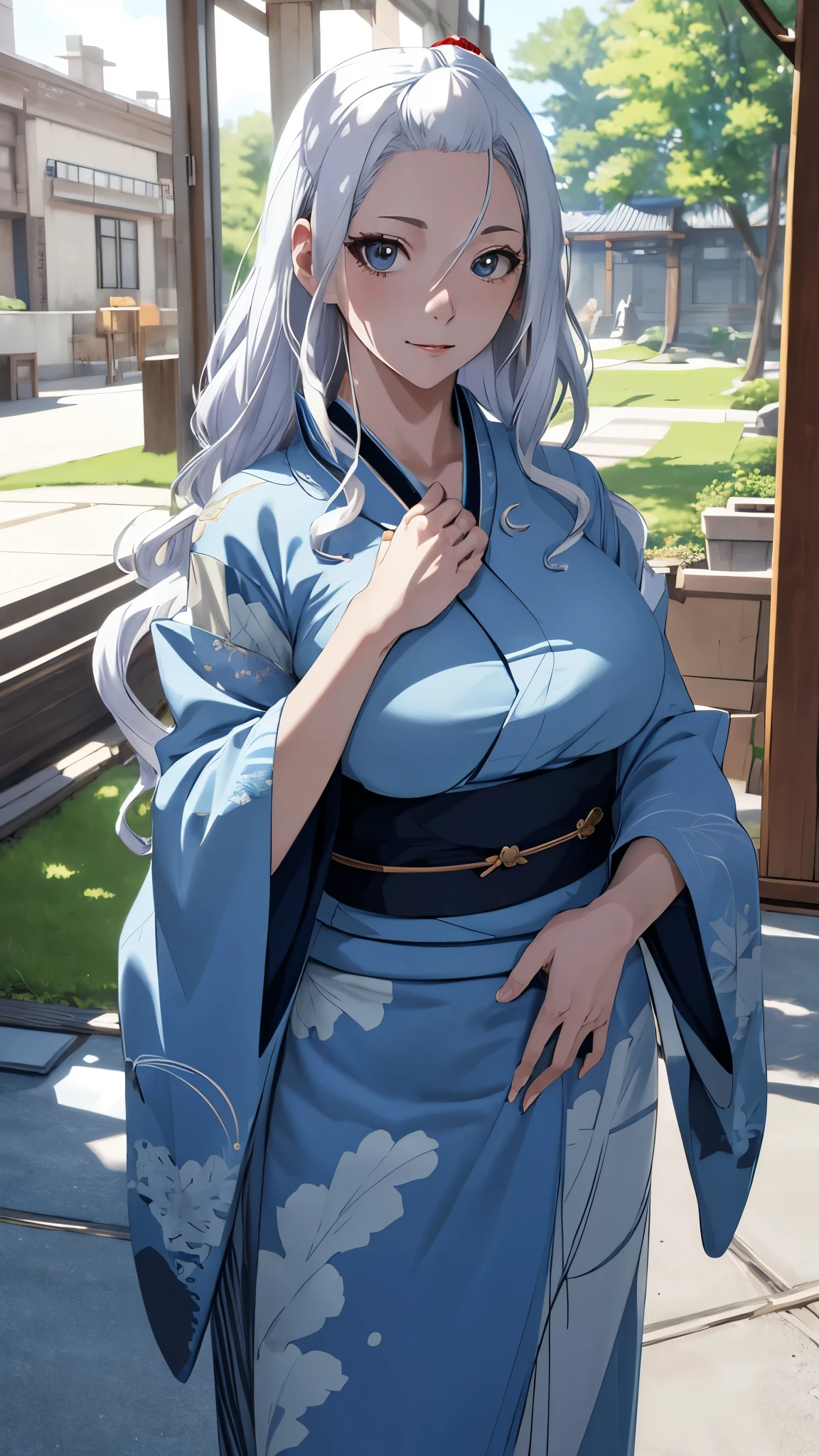 white hair,blue kimono,, beautiful anatomy, ray tracing, very good quality, masterpiece, best quality, high resolution, Amira, long hair, bangs, big breasts, standing, outdoors, detailed face, detailed fingers, high quality