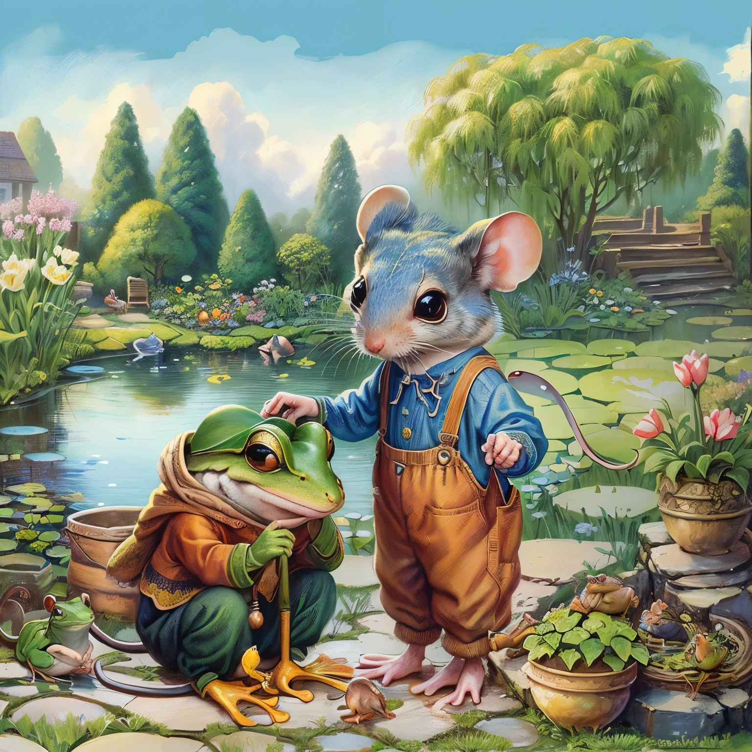 Oil painting of a mouse and a frog in a garden with a pond, Full color illustrations, Anthropomorphic mouse, Storybook illustration, Storybook illustration, rat tribe, cute Storybook illustration, Todd Shore highly detailed, Todd Shore, Children&#39;s Book Illustrations, Children&#39;s book illustrations, Children&#39;s Book Illustrations, Children&#39;s book illustrations, darrell k sweet, Mouse in clothes