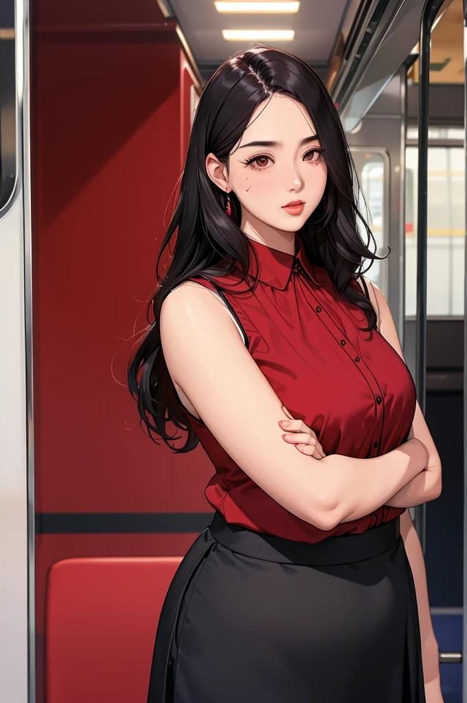 (dark red blouse,sleeveless:1.3),black and  long flare skirt,(plump arms),single mole on cheek,black hair,voluminous hair,unkempt hair, tall woman,27 years old,(fair skin:1.3),(cute eyes,tareme),plump oval face,light makeup,standing in train,