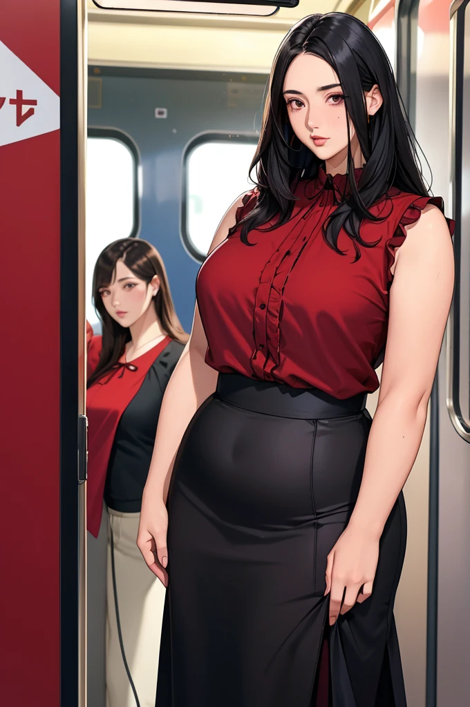 (dark red blouse,sleeveless:1.3),black and long flare skirt,(plump arms),single mole on cheek,black hair,voluminous hair,unkempt hair, tall woman,27 years old,(fair skin:1.3),(cute eyes,tareme),plump oval face,light makeup,standing in train,