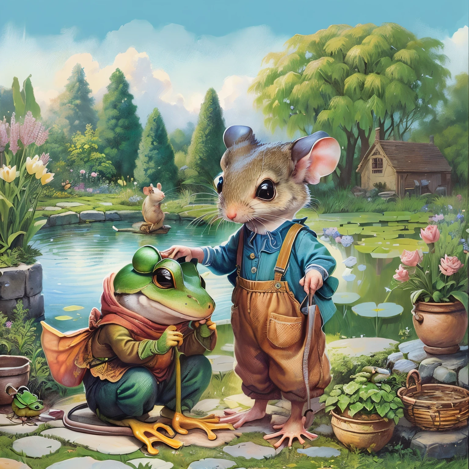 Oil painting of a mouse and a frog in a garden with a pond, Full color illustrations, Anthropomorphic mouse, Storybook illustration, Storybook illustration, rat tribe, cute Storybook illustration, Todd Shore highly detailed, Todd Shore, Children&#39;s Book Illustrations, Children&#39;s book illustrations, Children&#39;s Book Illustrations, Children&#39;s book illustrations, darrell k sweet, Mouse in clothes