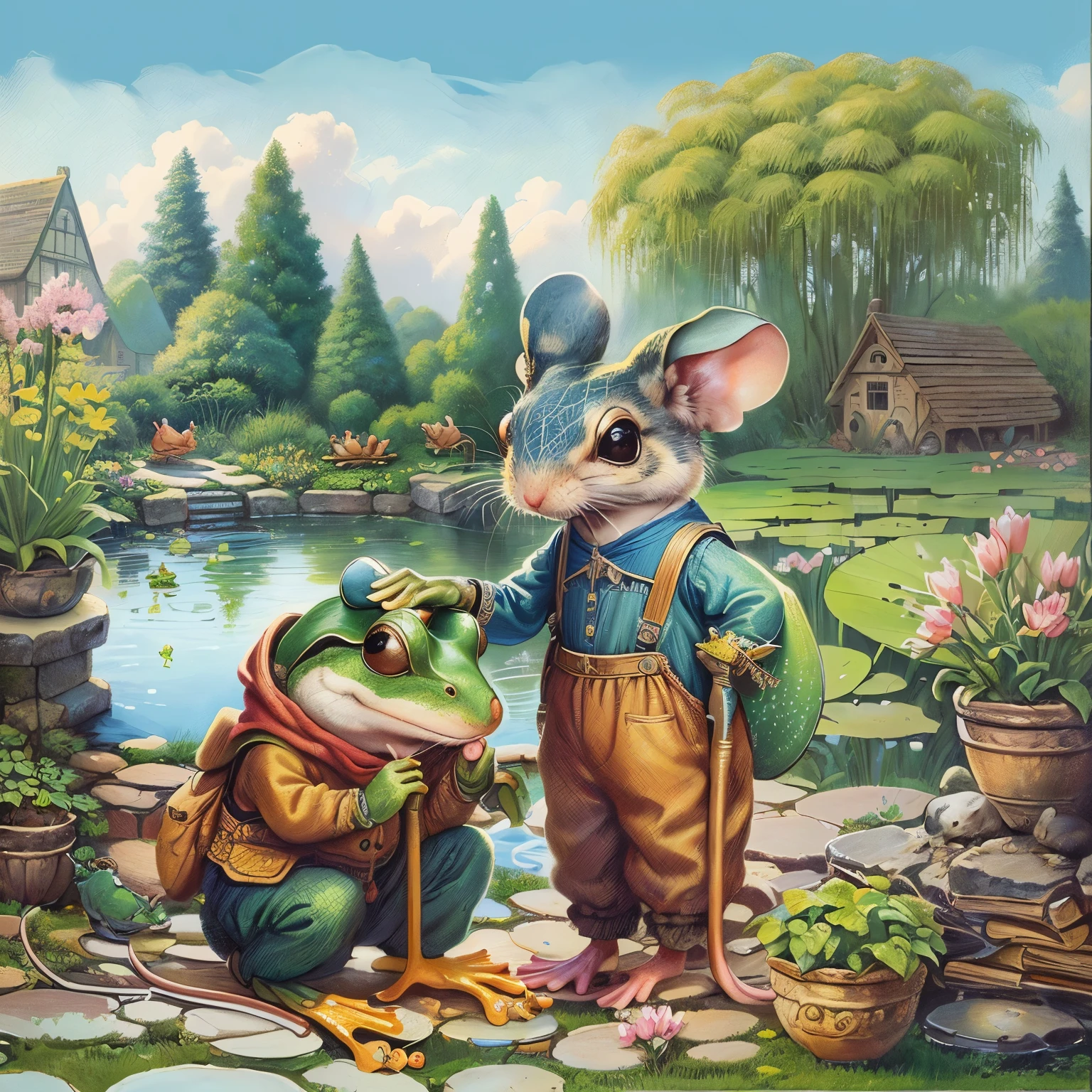 Oil painting of a mouse and a frog in a garden with a pond, Full color illustrations, Anthropomorphic mouse, Storybook illustration, Storybook illustration, rat tribe, cute Storybook illustration, Todd Shore highly detailed, Todd Shore, Children&#39;s Book Illustrations, Children&#39;s book illustrations, Children&#39;s Book Illustrations, Children&#39;s book illustrations, darrell k sweet, Mouse in clothes
