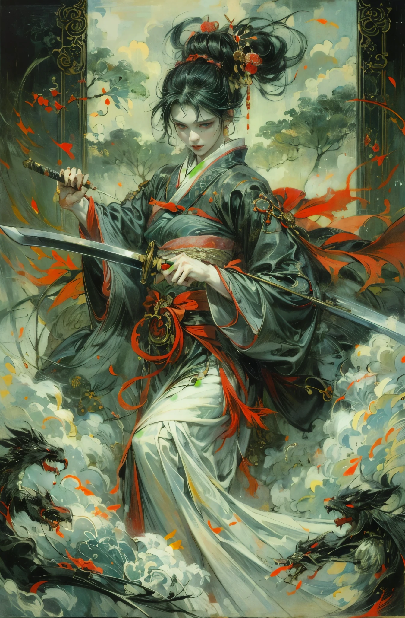 Beautiful demon painting, Demon woman holding a Japanese sword, A strong female warrior, Swordsman, Female Bodyguard, Beautiful black-haired demon, Beautiful red kimono, Oiran, Ghost Girl, Female Yakuza, Stylish female samurai, Master Swordsman, Fighting Pose, Inspired by Chen Yifei, Works that influenced Francesco Hayes, Inspired by Hendrik Terbruggen, Jean=Works that influenced Auguste Dominique Ingres, Inspired by Liu Jun, Jean=Works that influenced Auguste Dominique Ingres, highest quality, The perfect angle, Perfect composition, Best Shot, Official Art, Cinematic Light, Figurative art, Beautiful and expressive paintings, Beautiful artwork illustration, wonderful, Cool Beauty, clear, Mysterious, highest quality, Official Art, Perfect composition,The perfect angle, Best Shot, Female Solo, Sharp contours, pretty much beautiful face, Five fingered hand, demon of kyoto, A cold and merciless demon woman, Queen of Asura, Full Body Tattoo, wide, Rashomon, Close-up