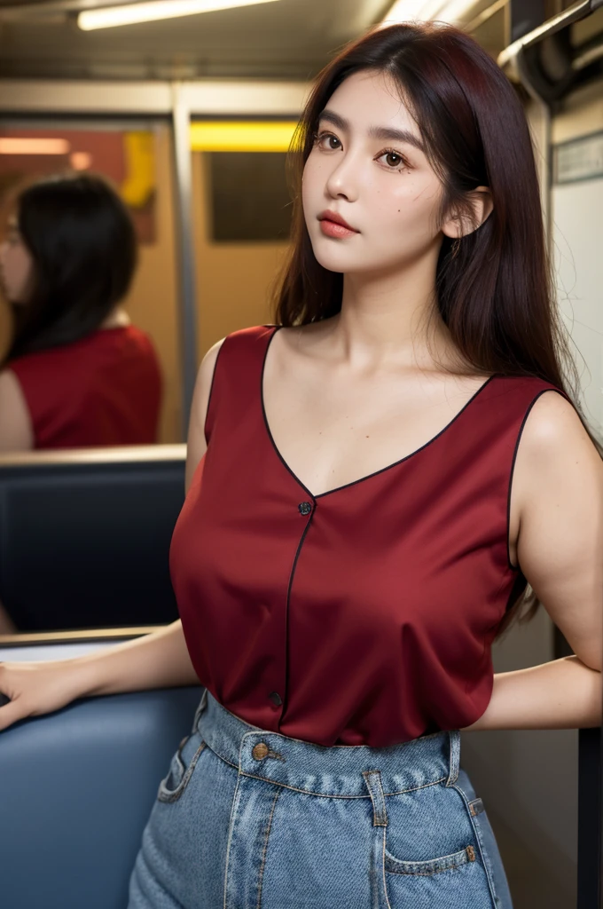 side shot,(dark red blouse,sleeveless:1.3),arms-baring,thick arm,single mole on cheek,tender face,black hair,voluminous hair,unkempt hair,curvy tall woman,27 years old,(fair skin:1.3),(cute eyes,tareme),plump oval face,light makeup,standing in train,