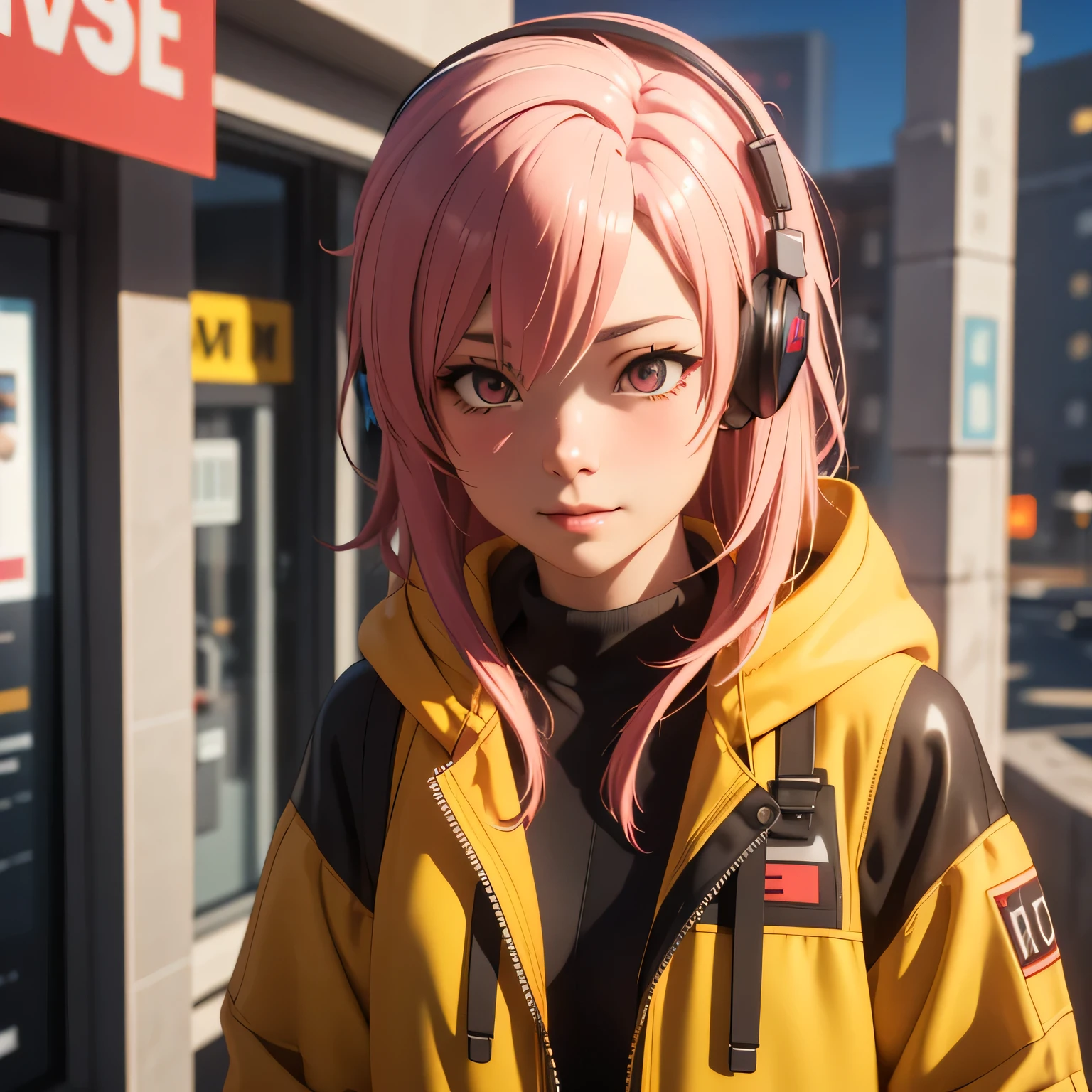 a close up of a person wearing headphones and a (yellow jacket), a character portrait by senior character artist, trending on cg society, realism, render of a cute 3d anime girl, cyberpunk anime girl in hoodie, photorealistic anime girl render, 3d anime girl, anime styled 3d, m4 sopmod ii girls frontline, e - girl, e-girl