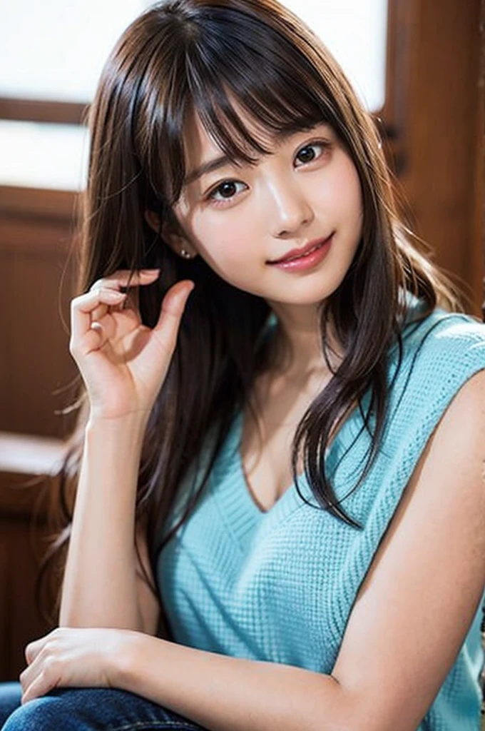 (10、RAW photography、top-quality、master-piece:1.2)、(Reality、real light:1.37)、ultra-detail、超High resolution、1 girl、Watch the audience、beautiful detailed face、smile、constriction、Comfortable clothing、large , beautiful detailed skin、skin texture、floating hair、Professional lighting、Clear Flow、Square glasses with black edges、The entire human body、brunette hair