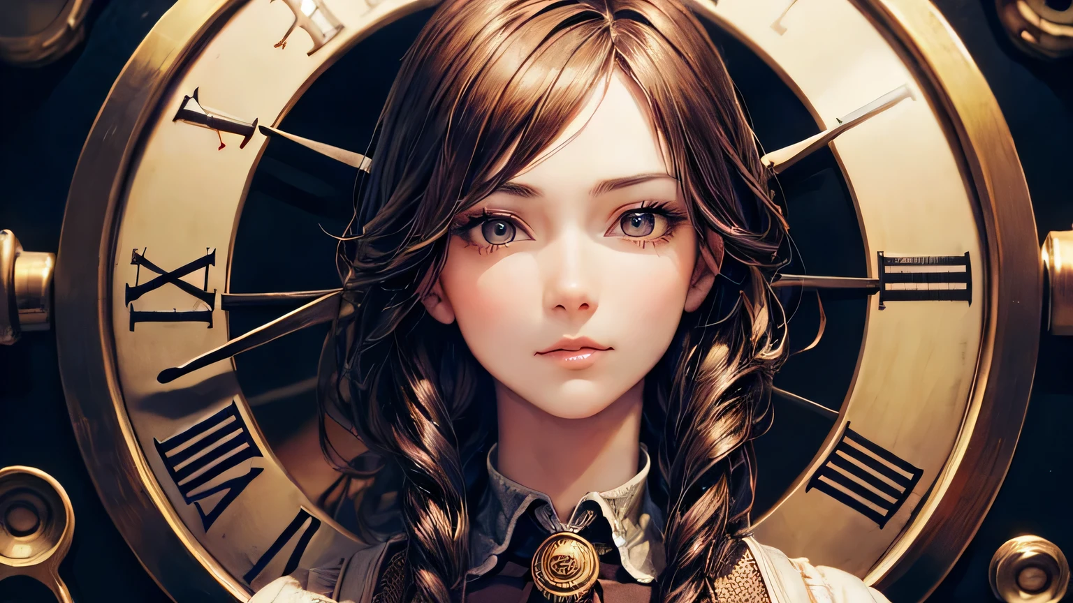 (oil, masterpiece, highest quality, Super detailed, Focus on the characters), One female、steampunk,Detailed hair depiction,([return:0.8]|[ face facing returnwards:1.1]), ,clock,([Medieval Street Scenario:1.2]|[ ground:1.3]| [High Contrast:1.1])  