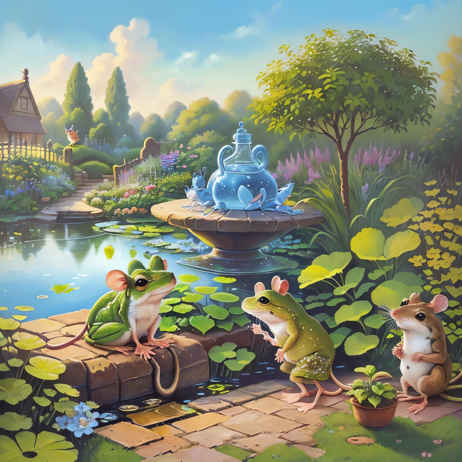 Oil painting of a mouse and a frog in a garden with a pond, Full color illustrations, Anthropomorphic mouse, Storybook illustration, Storybook illustration, rat tribe, cute Storybook illustration, Todd Shore highly detailed, Todd Shore, Children's Book Illustrations, Children's book illustrations, Children's Book Illustrations, Children's book illustrations, darrell k sweet, Mouse in clothes