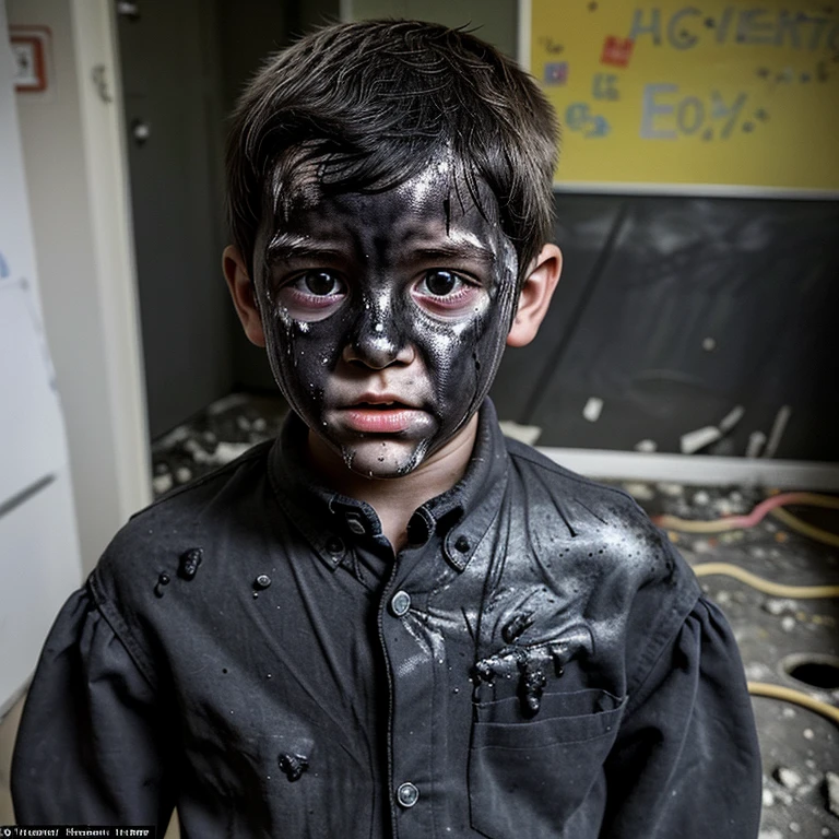 A boy who was covered in soot after an explosion occurred when an elementary school scientist's experiment went wrong