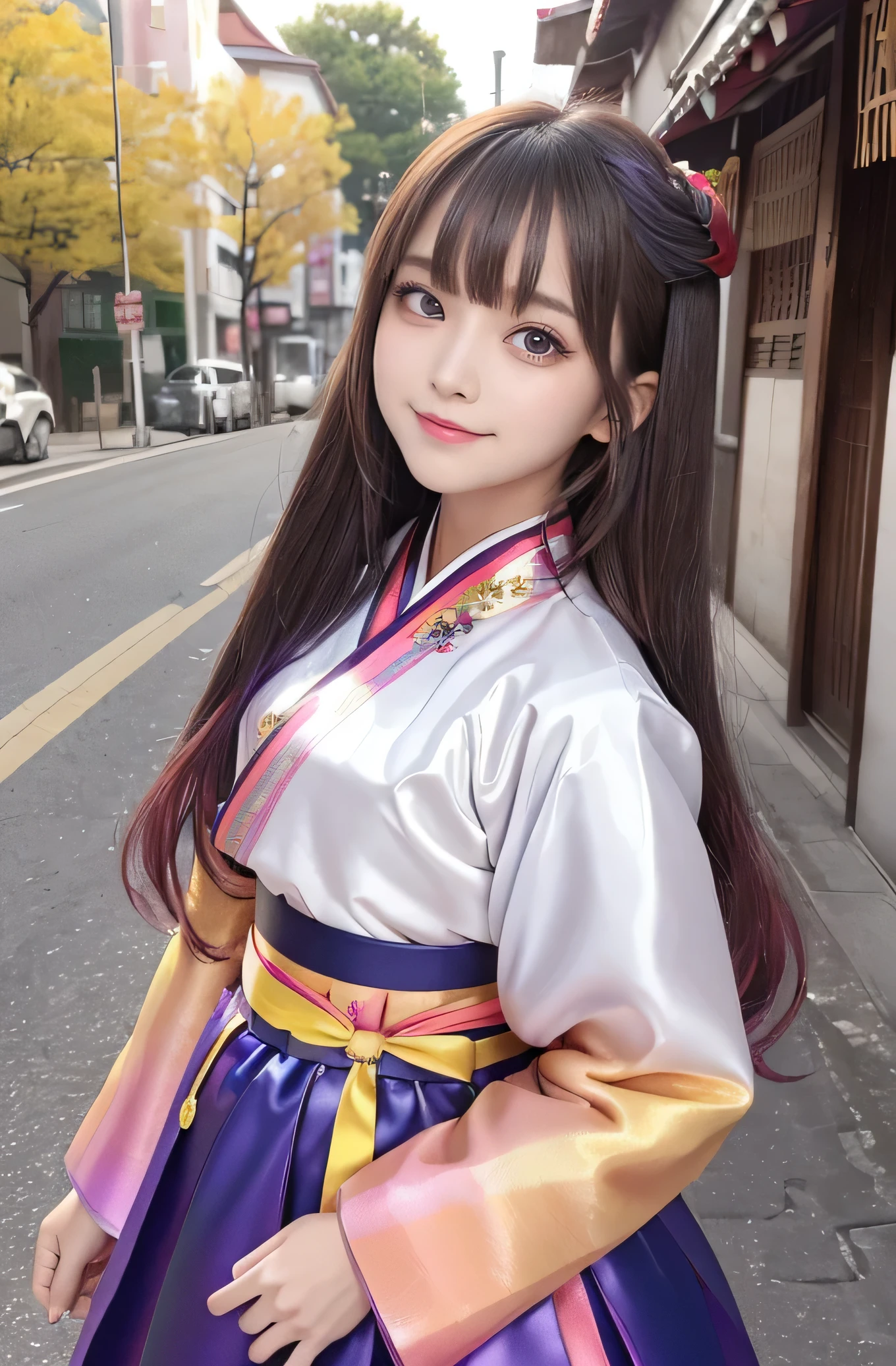 Angelic Very beautiful cute girl,11 yo,
Beautiful detailed eyes, 
Detailed double eyelids,
(Large eyes:1.4),
Long straight brown hair, 
see-through bangs,
Sharp Focus,small straight nose,
beautiful detailed face and eyes, 
drooping eyes,
(Soft Saturation: 1.3), (Fair skin: 1.2),BREAK (beautiful hanbok: 1.5),(Super shiny red yellow blue green pink purple colored hanbok:1.4),(beautiful hanbok: 1.5),costume traditionally worn by Korean women,(Korea style:1.3),
Walking,(smile:1.5)
Brown hair,
(korean Chimajeogori:1.4) , (very high waist skirt:1.3),(costume with strong reflective surfaces:1.5),
Costume lighting,
In the street,(smile:1.5)
