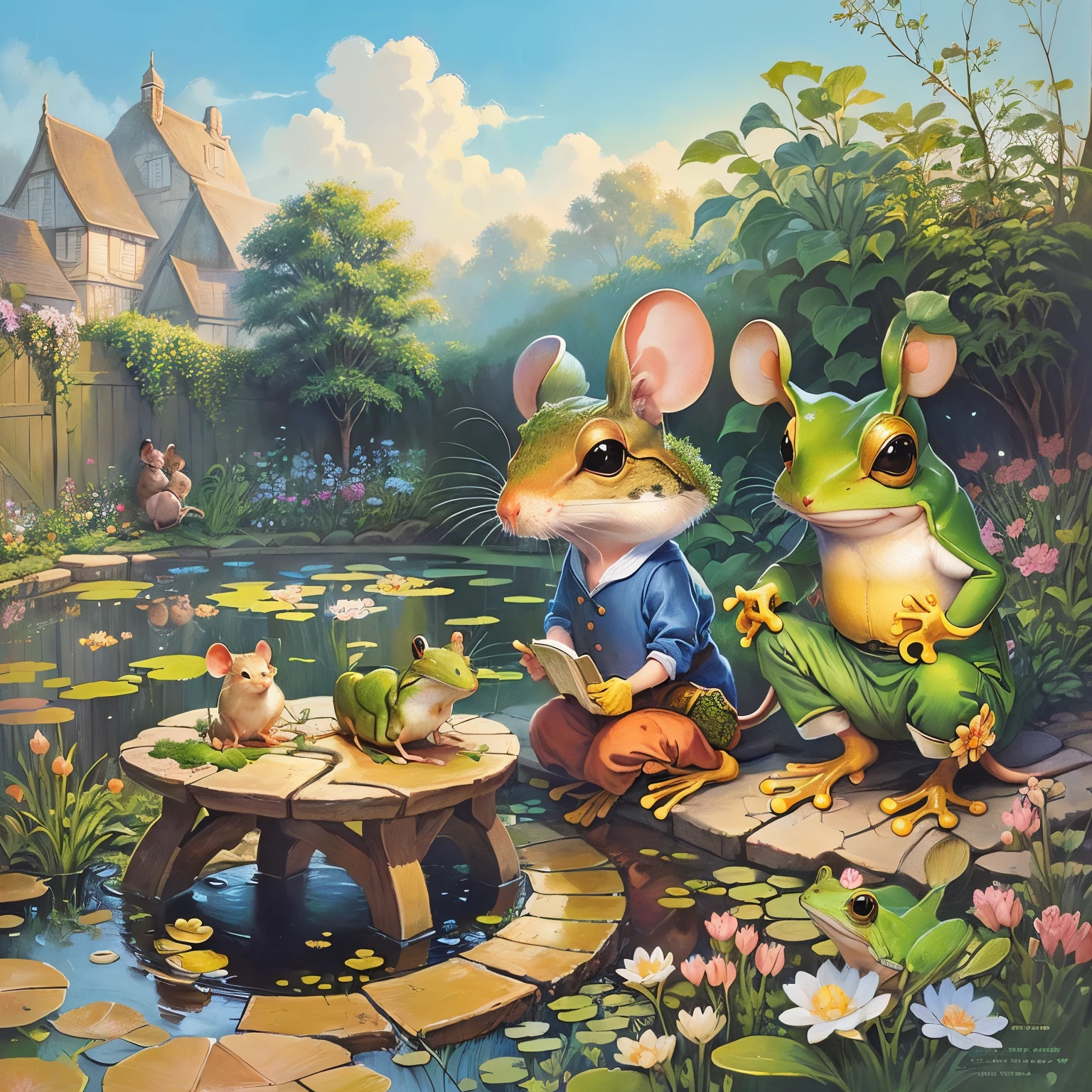 Oil painting of a mouse and a frog in a garden with a pond, Full color illustrations, Anthropomorphic mouse, Storybook illustration, Storybook illustration, rat tribe, cute Storybook illustration, Todd Shore highly detailed, Todd Shore, Children's Book Illustrations, Children's book illustrations, Children's Book Illustrations, Children's book illustrations, darrell k sweet, Mouse in clothes