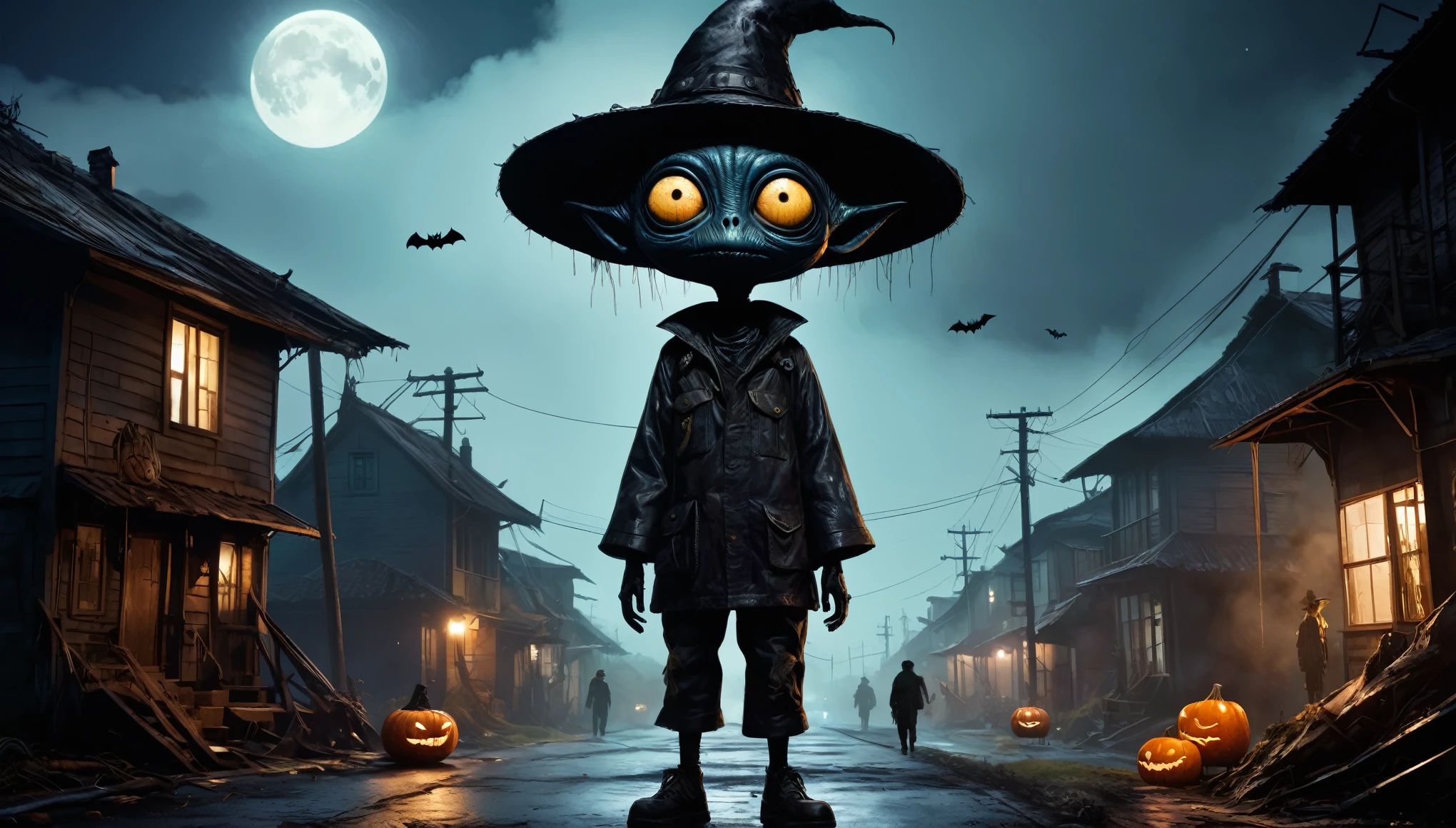 full body length,Obsidian Songbird,pretty face,eyebrow up,full body shot,ominous landscape,Fluorite niobium atmosphere,Simon Stalenhag,Nicola Samori,(((Ben Templesmith))),prime colors,urban,extremely detailed,masterpiece,intricate details,eyes extremely detailed, high detailed eyes,4k resolution,RAW, Nikon Z9,scary town, Maranhao of Brazil,A Halloween-themed chibi-ET-style-alien creature, wore straw hat, shabby clothes and damaged boot, made of black leather, walking with horrified accessories, dark alley, burned down fantasy-village, filled with magic, very dark night, cloudy dark sky, a moonlight without stars, shadow of bats, (((ghosts))) and (((monster))) around, the shadow of dead trees adds to a spooky scene, cinematic, (by Tim Burton&Guillermo del Toro&Steven Spielberg&Junji Ito), dark colors, creepy mood, featured on Netflix, outdoor scene, realistic details, high resolution
