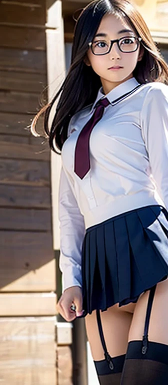 high quality、masterpiece、high school girl、Two Japanese women、19 years old、Over the knee socks、Hime cut、garter belt、Low Angle、The wind blows and my skirt flutters、Very sensitive skin、Fair skin、A dynamic pose、Young Face、Slim figure、(Glasses)、No sleeve、Camel Toe,Clearly visible