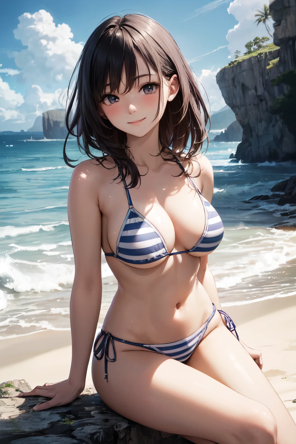 very cute and beautiful girl,(Very detailedな美しい顔),Pink and white striped bikini, Sitting,View Viewer,Beach,Steep cliffs in the distance,(smile),Black Hair, (highest quality,masterpiece),Absurd,High resolution,Super detailed,Very detailed,32k, Movie Scenes,Detailed Background,alone,Dynamic Angle, Hair blowing in the wind,Beautifully detailed skies,Realistic,