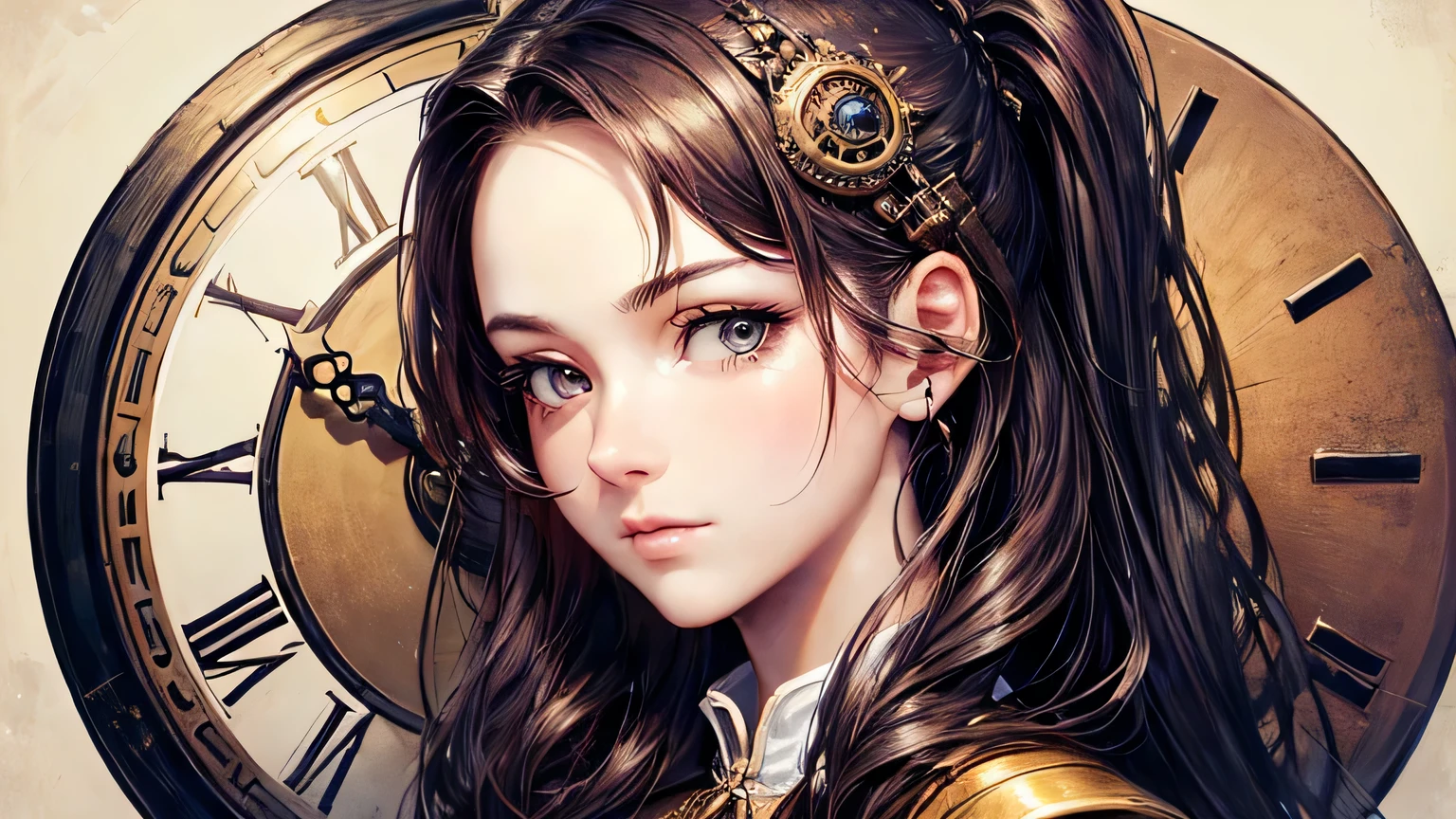 (oil, masterpiece, highest quality, Super detailed, Focus on the characters), One female、steampunk,Detailed hair depiction,([return:0.8]|[ face facing returnwards:1.1]), ,clock,([Medieval Street Scenario:1.2]|[ ground:1.3]| [High Contrast:1.1])  