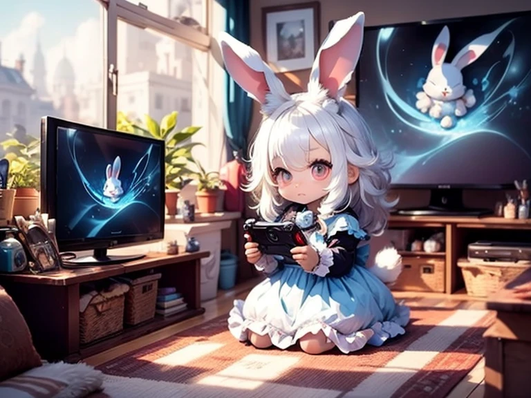 quality\(8k,wallpaper of extremely detailed CG unit, ​masterpiece,hight resolution,top-quality,top-quality real texture skin,hyper realisitic,increase the resolution,RAW photos,best qualtiy,highly detailed,the wallpaper,golden ratio\), BREAK ,solo,1girl\((chibi:1.8),cute,kawaii,,(white hair:1.7),(very long hair:1.7),bangs,(ear\(fluffy white rabbit-ear\):1.3),(only 1small rabbit-tail at hip:1.2),(red eye),big eye,beautiful shiny eye,skin color white,big hairbow,(white frilled dress:1.3),breast,playing old video game,holding game controler,concentrate to video game,watching tv,toward tv\), BREAK ,background\(inside, tiny classic old room,video game on TV,video game console,game controler,nintendo\),(from back:1),better hands,[rabbit:0.1],(better legs),better hands