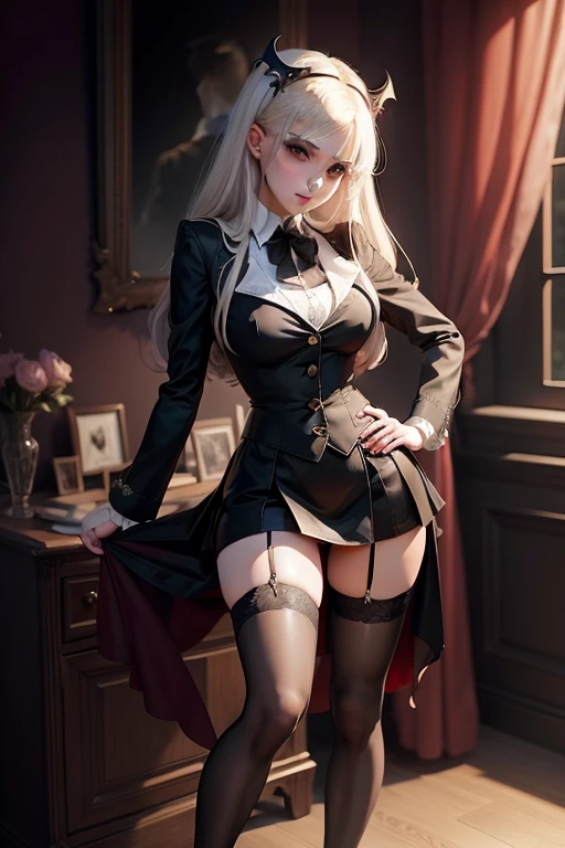 a very beautiful vampire girl, in a short skirt, stockings and high heels
