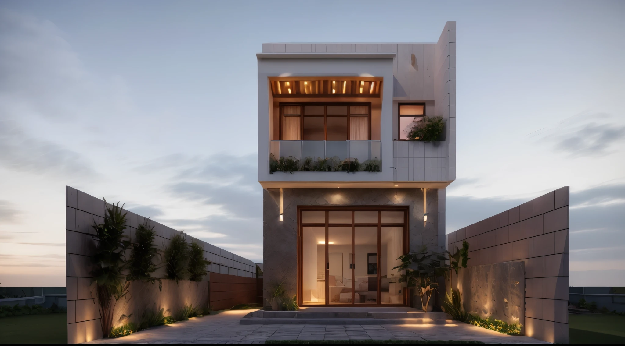 arafed house with a balcony and a balcony on the second floor, complete house, exterior design, inter dimensional villa, realistic building, realistic concept, concept house, overall architectural design, photorealistic detailed picture, 2 d cg, render in vray, 3 d rendering, 3d rendering, highly detailed render, highdetailed, professional render, 3 d vray render , small garden space on front, detailed, cinematic lighting, windows,