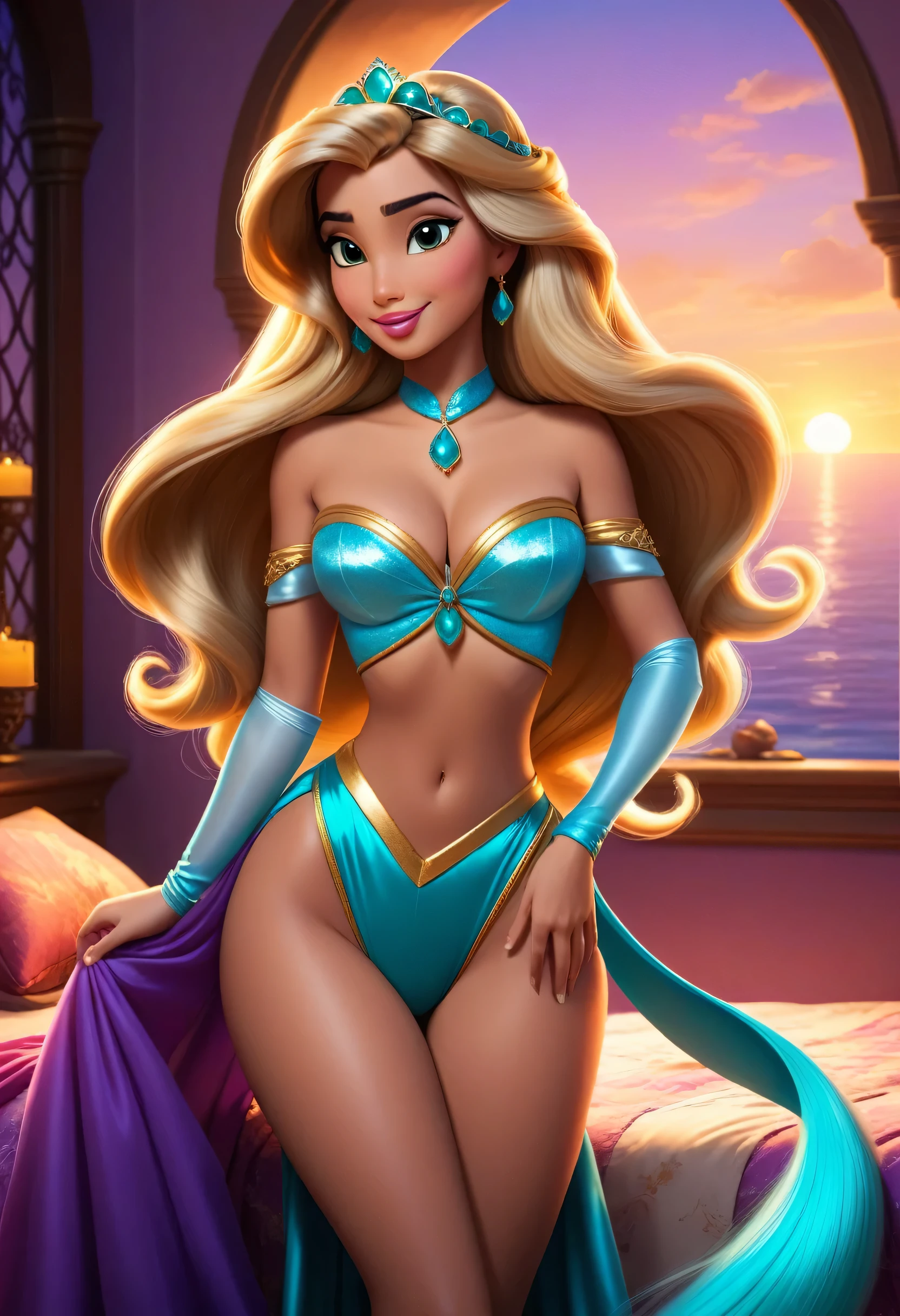 ((elsa and princess jasmine and rapunzel and ariel fusion merged:1.2)), merged, sexy, half body, bedroom, sunset, sexy attire, (animated style:1.1)