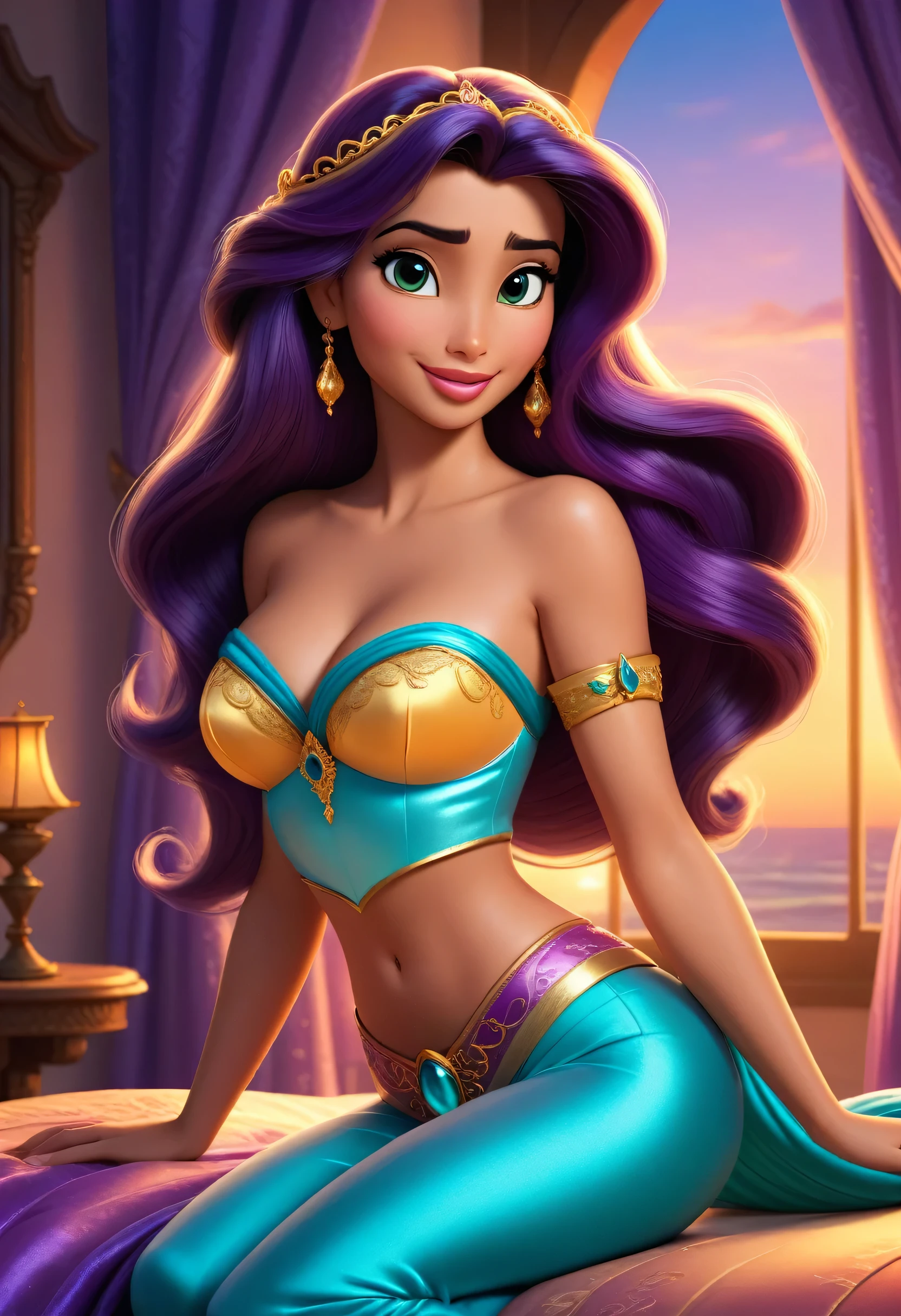 ((elsa and princess jasmine and rapunzel and ariel fusion merged:1.2)), merged, sexy, half body, bedroom, sunset, sexy attire, (animated style:1.1)