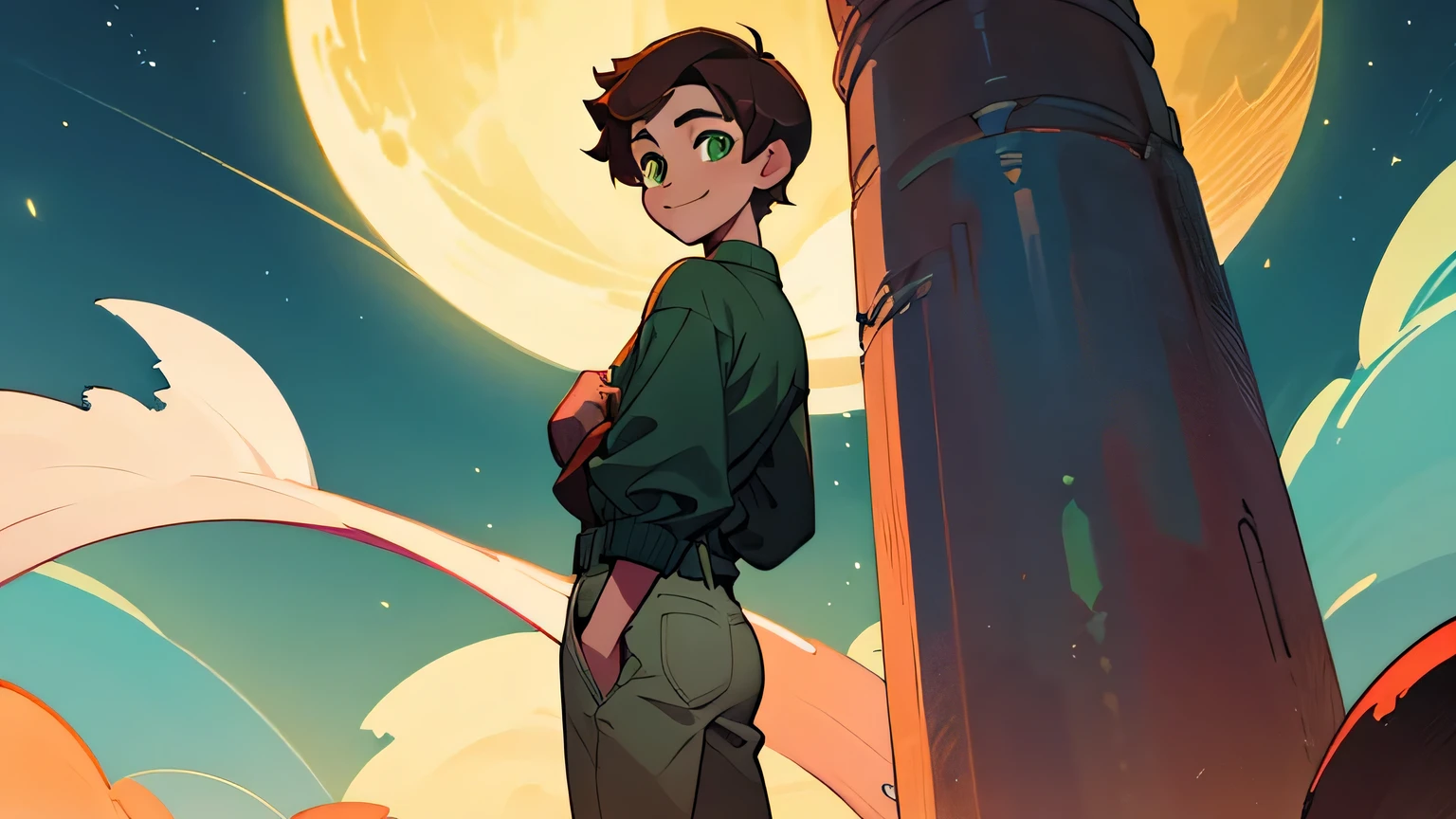 a tall teen boy with curvy short dark brown hair, green eyes at night with full moon standing looking back with smile