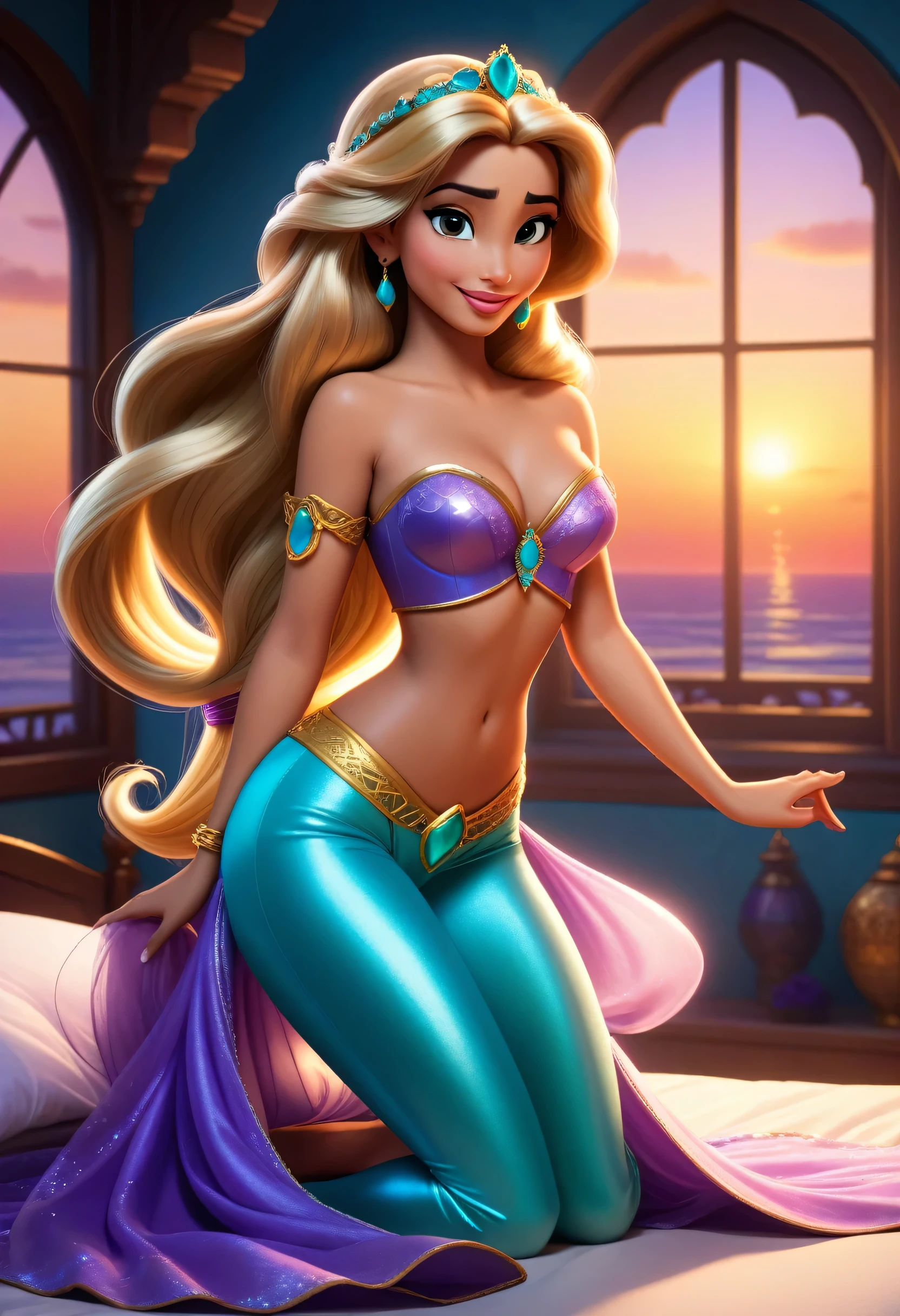 ((elsa and princess jasmine and rapunzel and ariel fusion merged:1.2)), merged, sexy, half body, bedroom, sunset, sexy attire, (animated style:1.1)