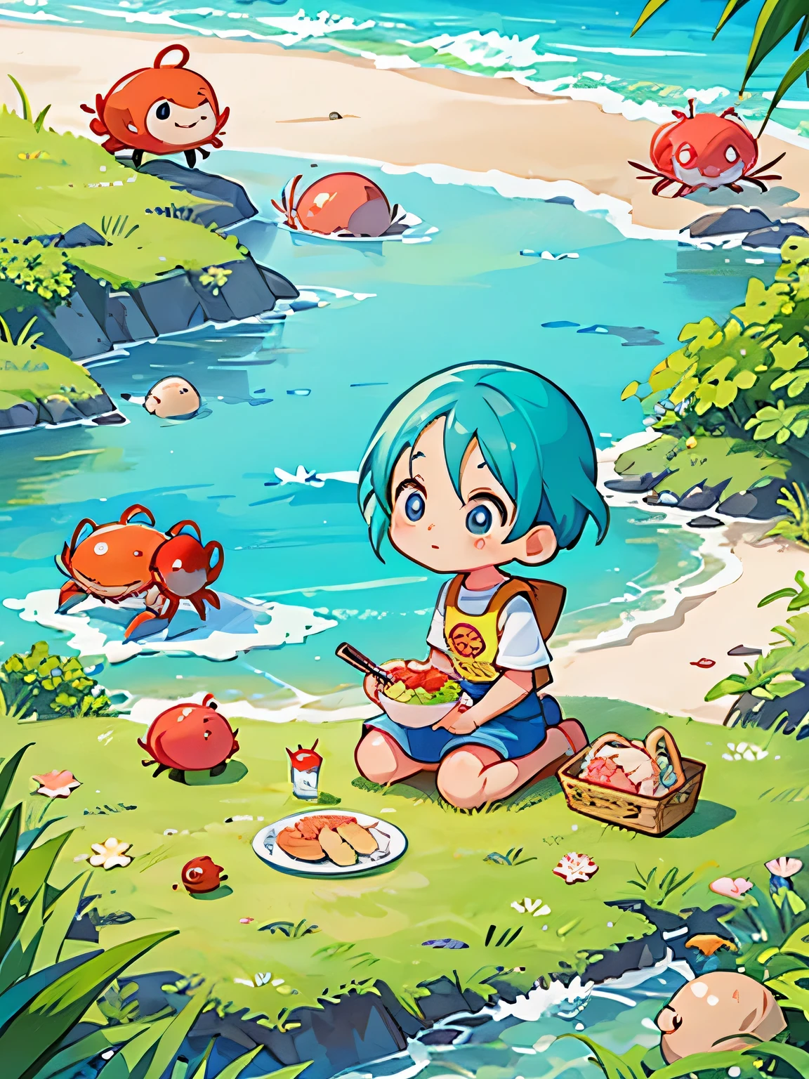 Akira Toriyama Style, Kawaii Design, most beautiful girl ever、Chibi, Lots of friends、birdie、picnic、Summer beach, crab、shell