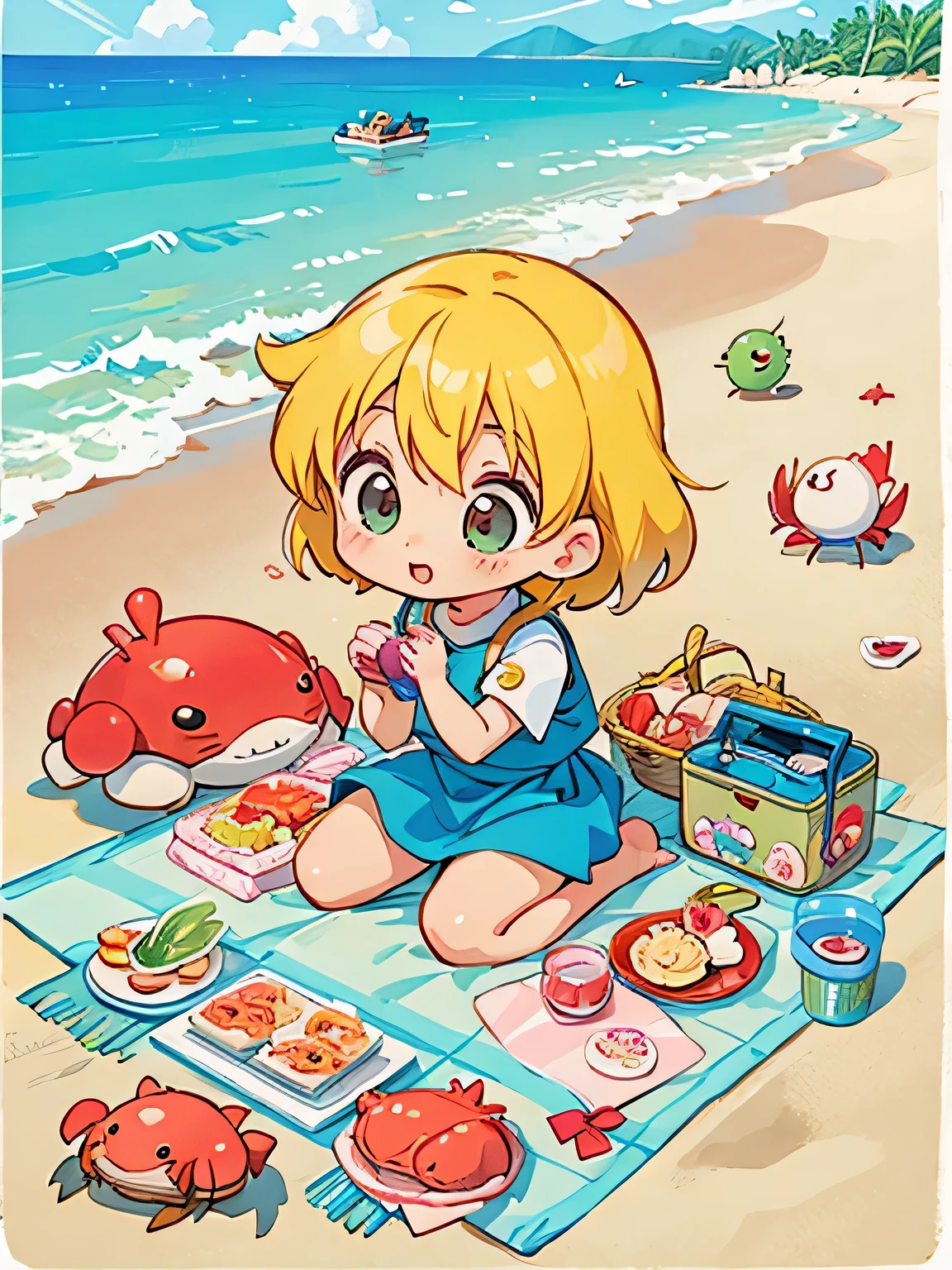 Akira Toriyama Style, Kawaii Design, most beautiful girl ever、Chibi, Lots of friends、birdie、picnic、Summer beach, crab、shell