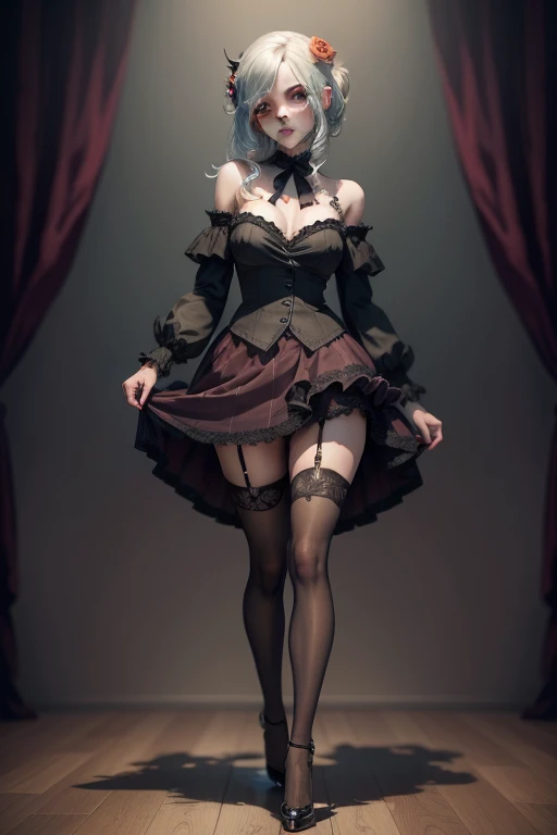 a very beautiful zombie girl, in a short skirt, stockings and high heels