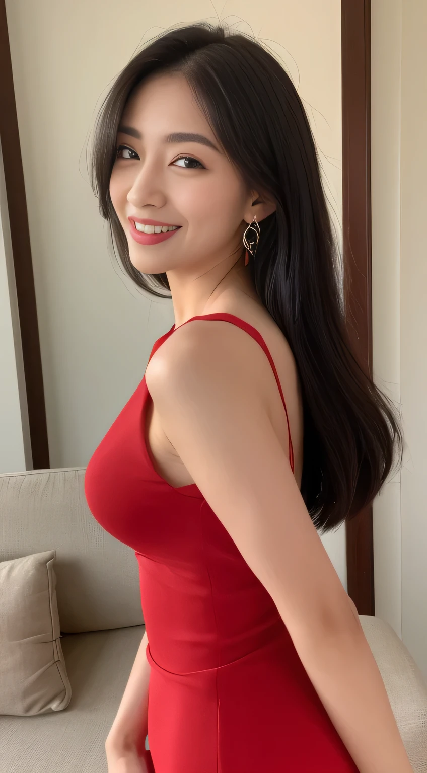 ((top-quality、8K、masterpiece:1.3))、sharp:1.2、Perfect Body Beauty:1.4、Slim abs:1.2、Big、Beautiful face、A smile、((businesswoman:1.3))、(On her couch:1.2)、Straight hair、Highly detailed facial and skin texture、A detailed eye、Aspect of looking at the camera、Shooting from the side, Wearing a nice red dress
