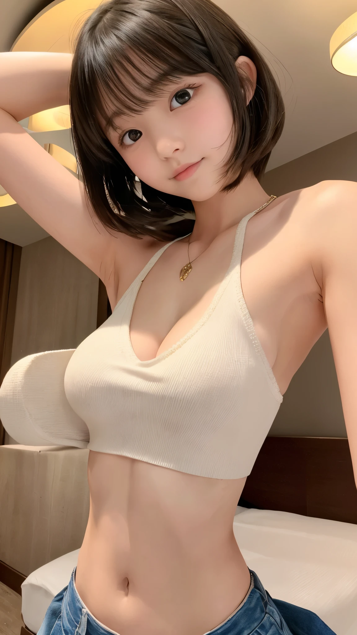 Close-up photo of a woman、The most beautiful Japanese girls、(***********の少女:1.5)、(***********)、Laughter、double eyelid、Droopy eyes、Detailed eyes、Beautiful eyes、Cute eyes、bangs、Black Hair、short hair、(White knitted tube top: 1.2)、Super cute idol face、(younger sister:1.0)、(Upper body only:1.5)、slender、Small shoulders、Thin arms、Flat stomach、slender、(belly button、おbelly button)、Waistline、Small Ass、(Groin muscles:1.0)、(Slim figure)、(Flat chest:1.0)、((Underboob:1.5))、Beautiful breasts、Cleavage、Glowing breasts、(RAW Photos、highest quality、masterpiece、Super fine、Ultra-high resolution、Real:1.1)、(Hotel、Hotelの一室、ラブHotel)