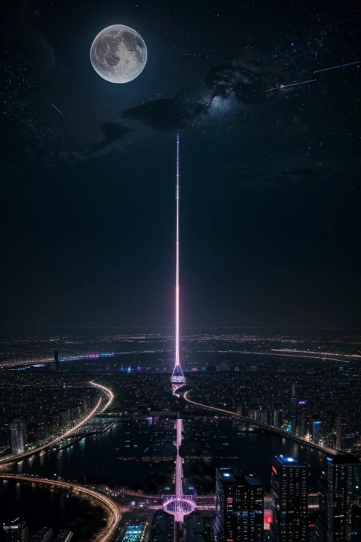 highest quality、Futuristic City、neon、Beautiful night view、colorful、Starry Sky、moon