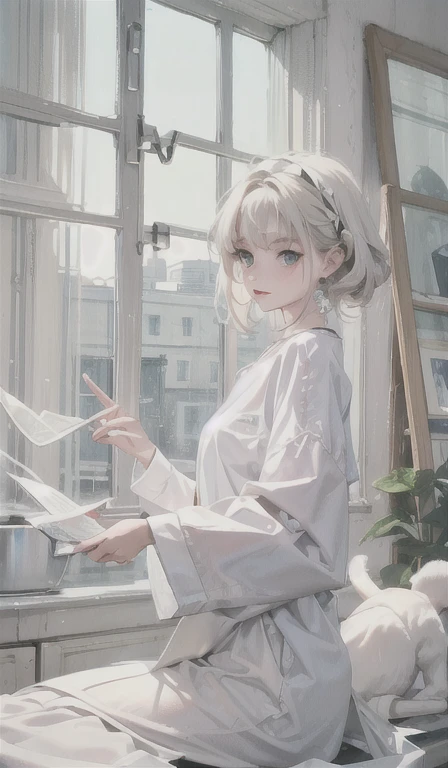 Artistic illustration: Relaxed character and white cat　A bright room with glass on all sides　396Hz